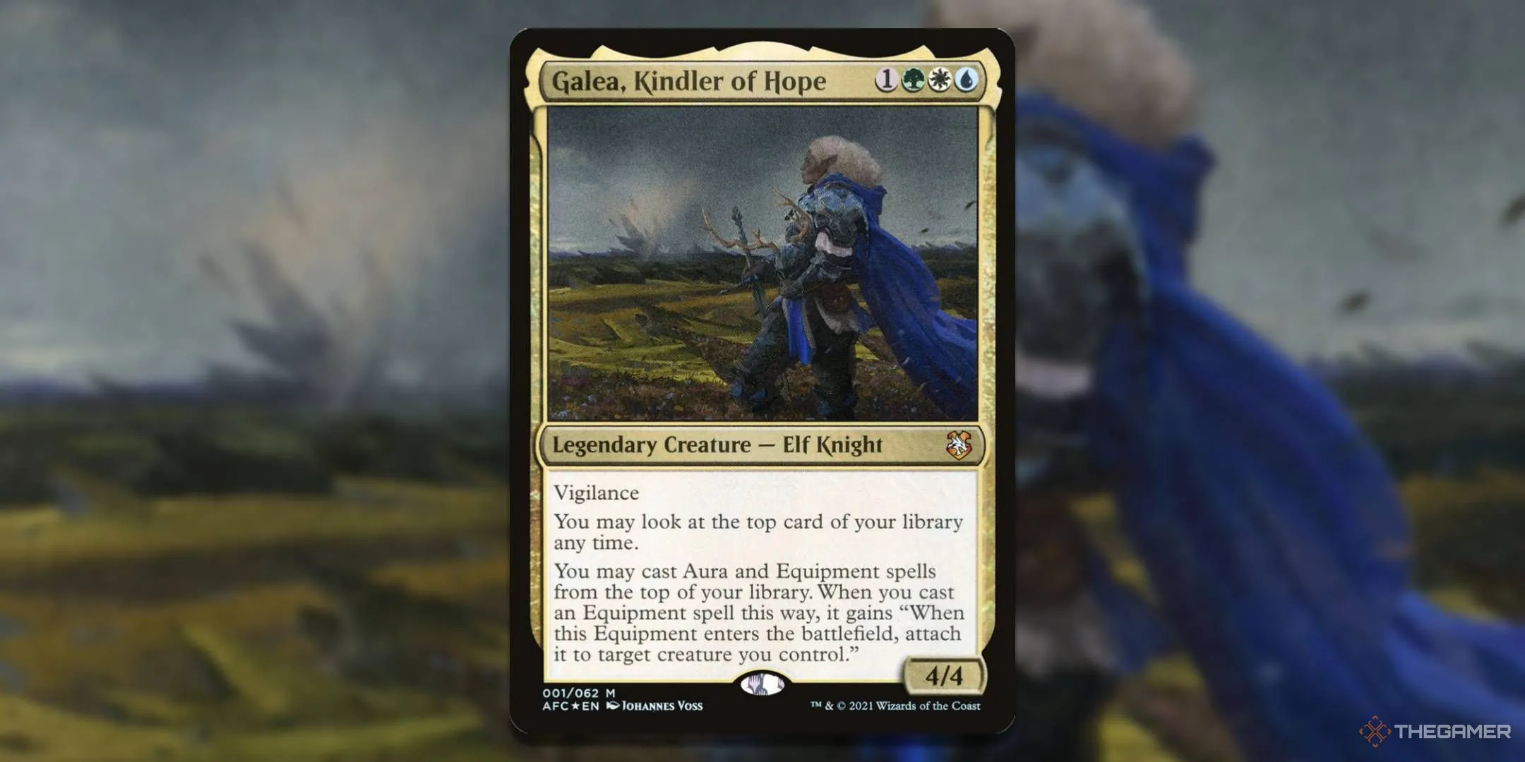 Thẻ bài Galea, Kindler of Hope trong MTG, chỉ huy chính của bộ precon Aura of Courage tập trung vào Aura và Equipment.