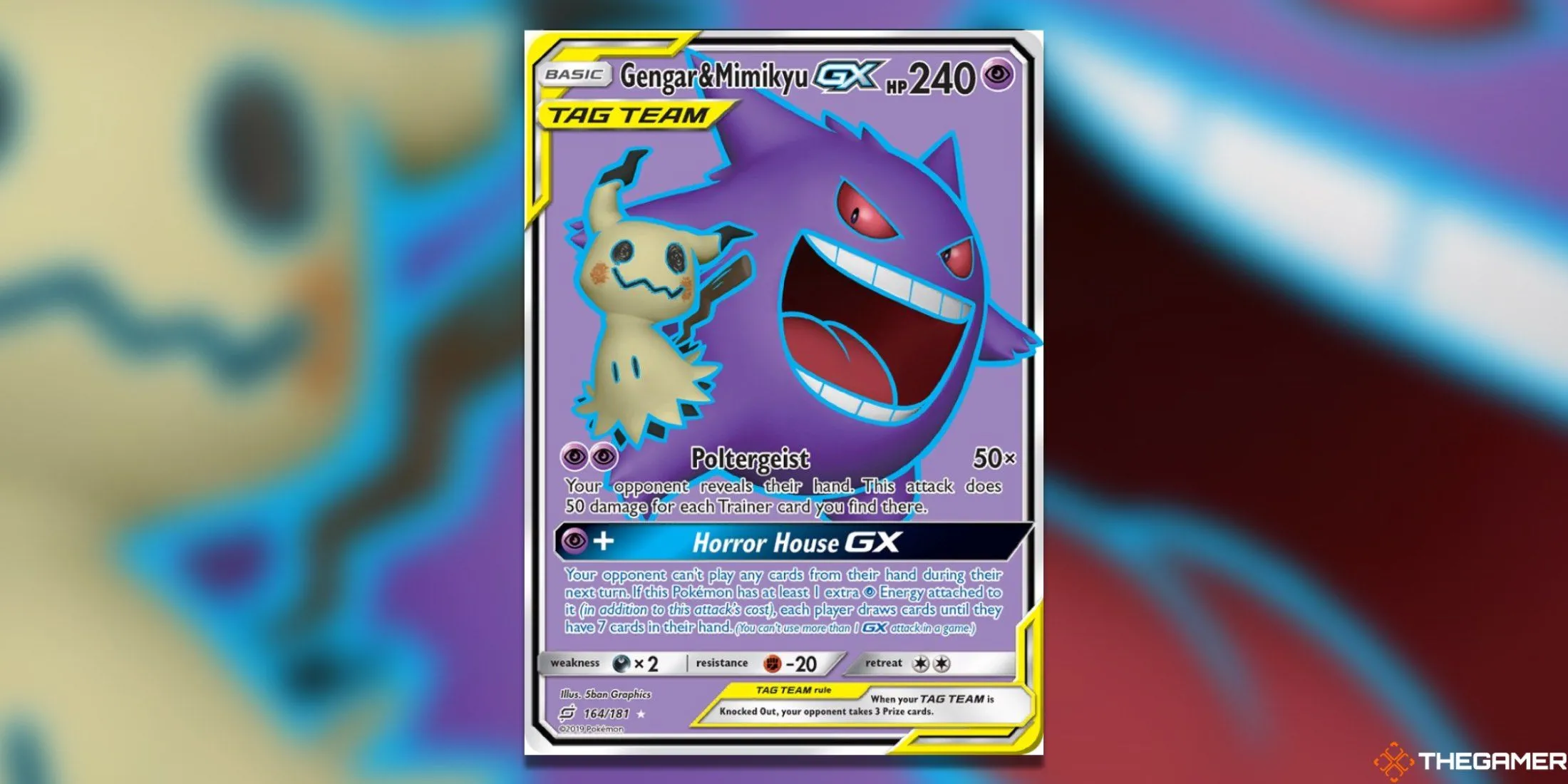 Thẻ bài Pokemon TCG Gengar &amp; Mimikyu GX Full Art từ Team Up, nổi bật với hình ảnh cân bằng của cặp đôi.