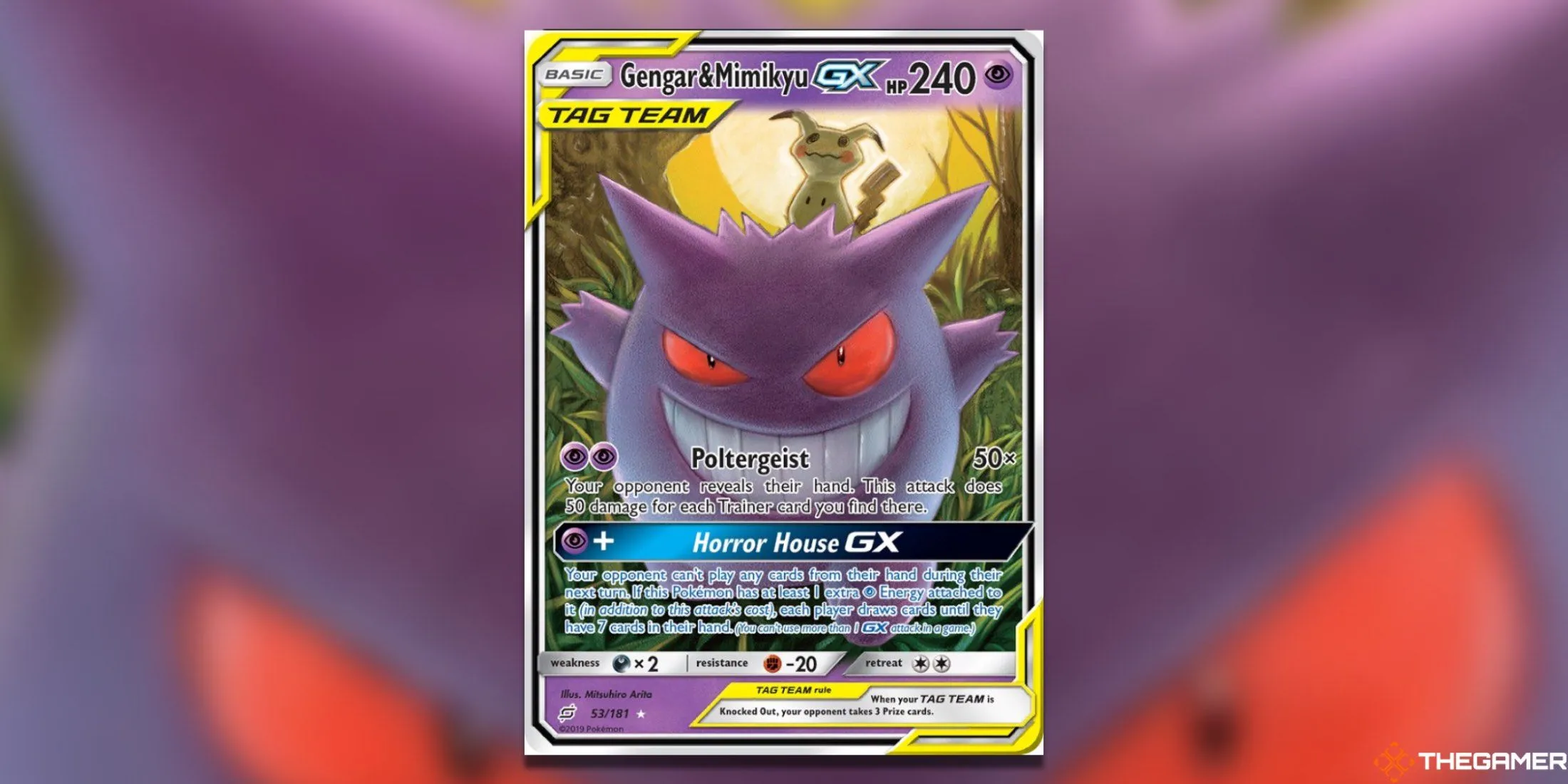 Thẻ bài Pokemon TCG Gengar &amp; Mimikyu GX Ultra Rare từ Team Up, với Mimikyu ngồi trên đầu Gengar.