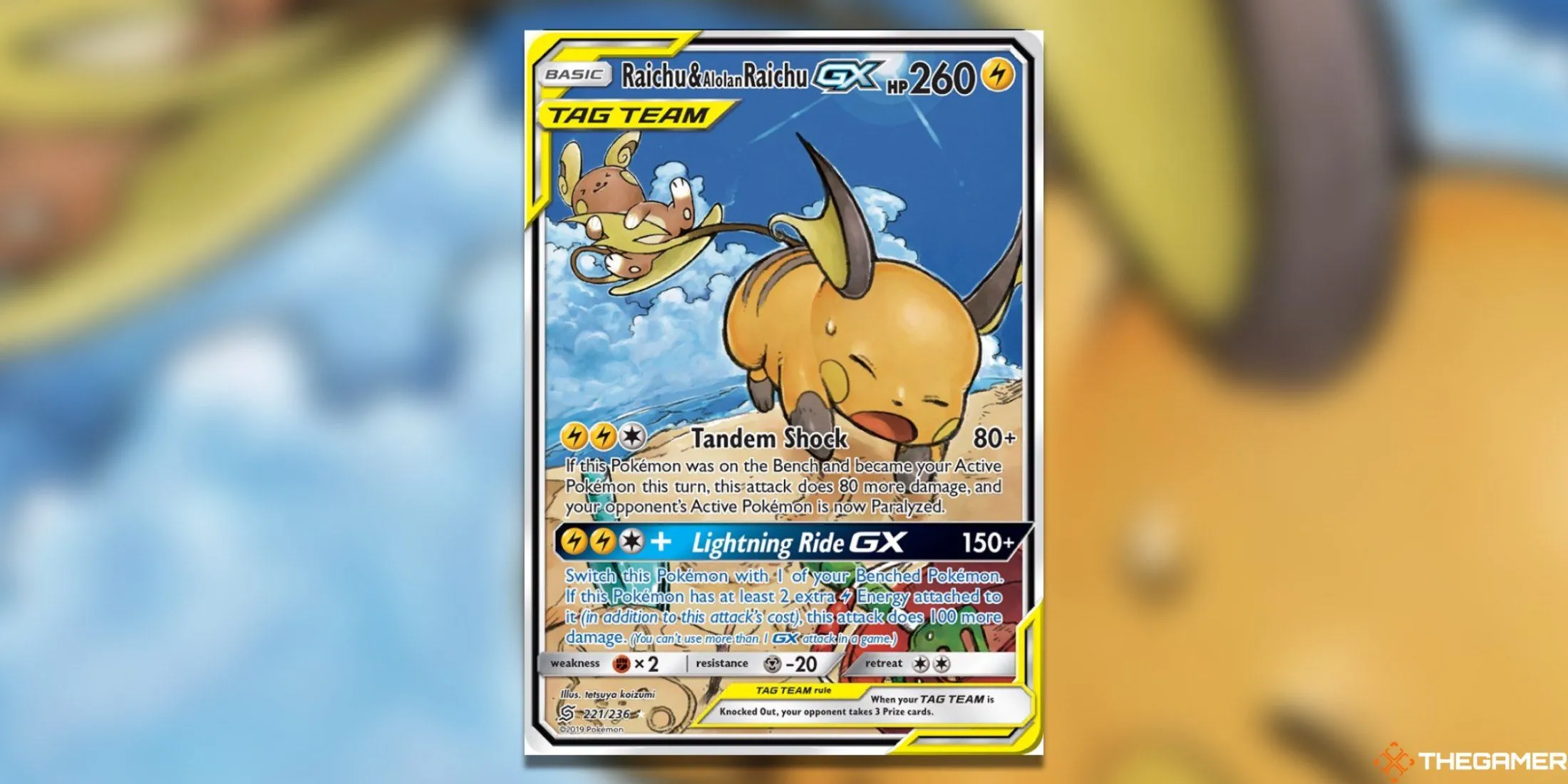Thẻ bài Pokemon TCG Raichu &amp; Alolan Raichu GX Alternate Art từ Unified Minds, thể hiện hai dạng Raichu dưới nắng Alola.