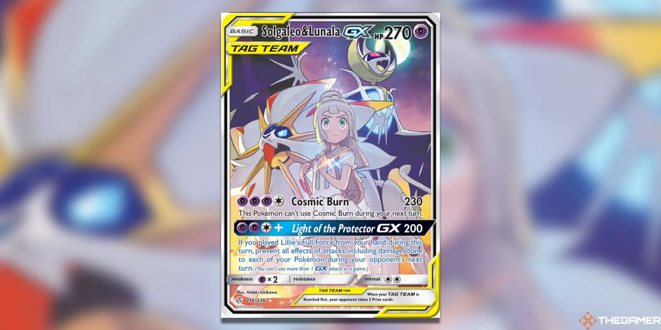 Thẻ bài Pokemon TCG Solgaleo &amp; Lunala GX Full Art từ Cosmic Eclipse, có sự góp mặt của Lillie.