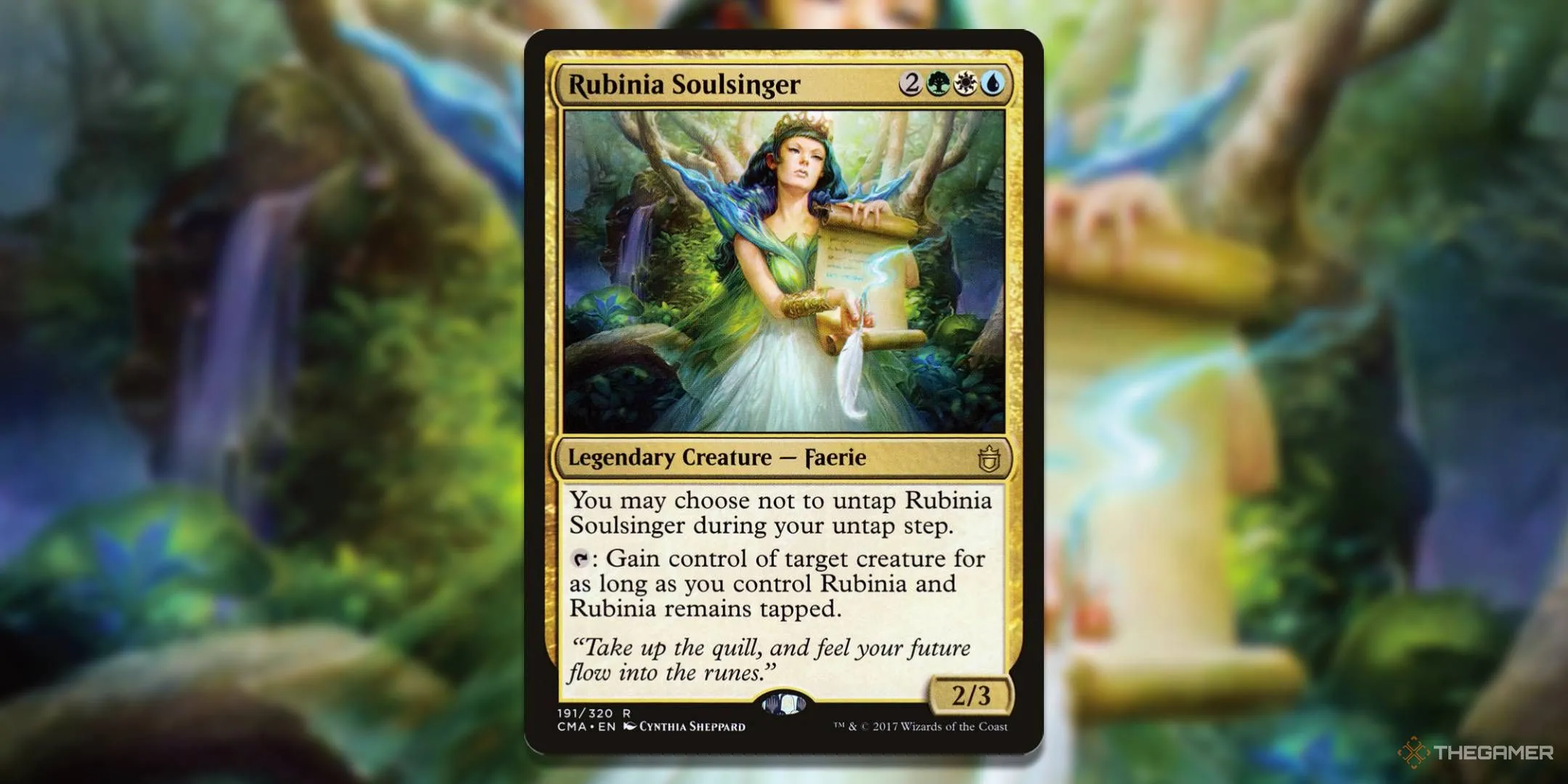 Thẻ bài Rubinia Soulsinger, một trong những chỉ huy đầu tiên của MTG Commander, đại diện cho bộ precon Enchantress Rubinia.