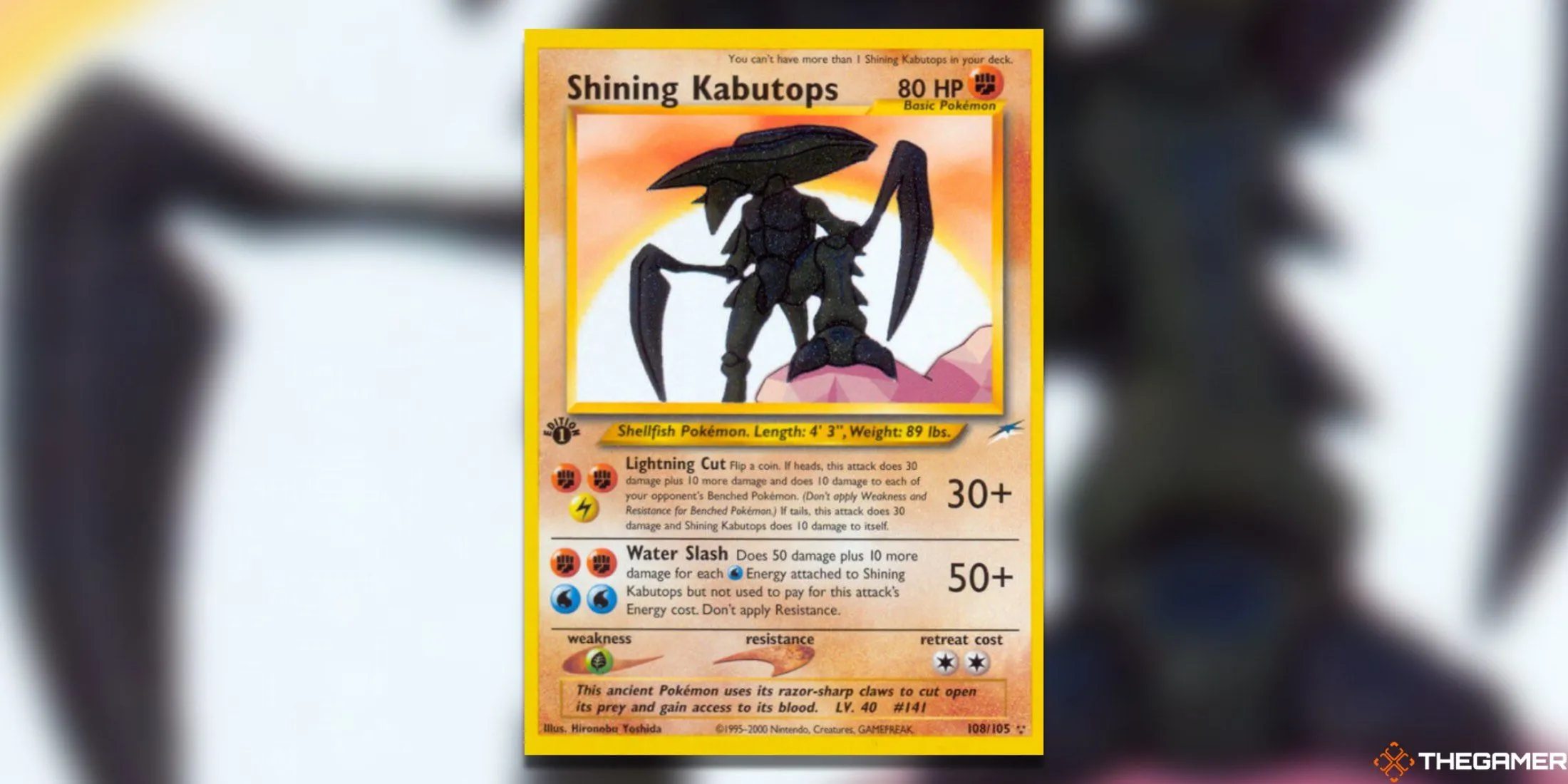 Thẻ bài Shining Kabutops First Edition từ bộ Neo Destiny, minh họa giá trị bền vững của các Secret Rare trong Pokemon TCG.