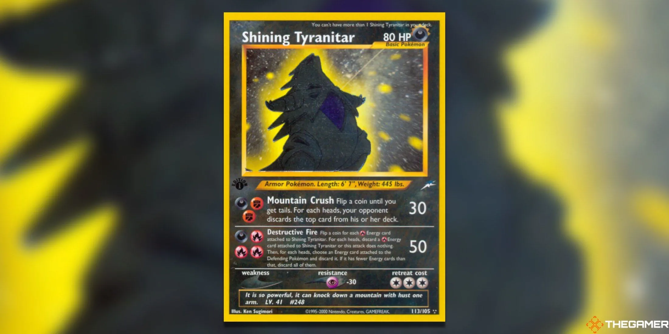 Thẻ bài Shining Tyranitar First Edition từ bộ Neo Destiny, với giá trị sưu tầm tăng vọt theo thời gian.