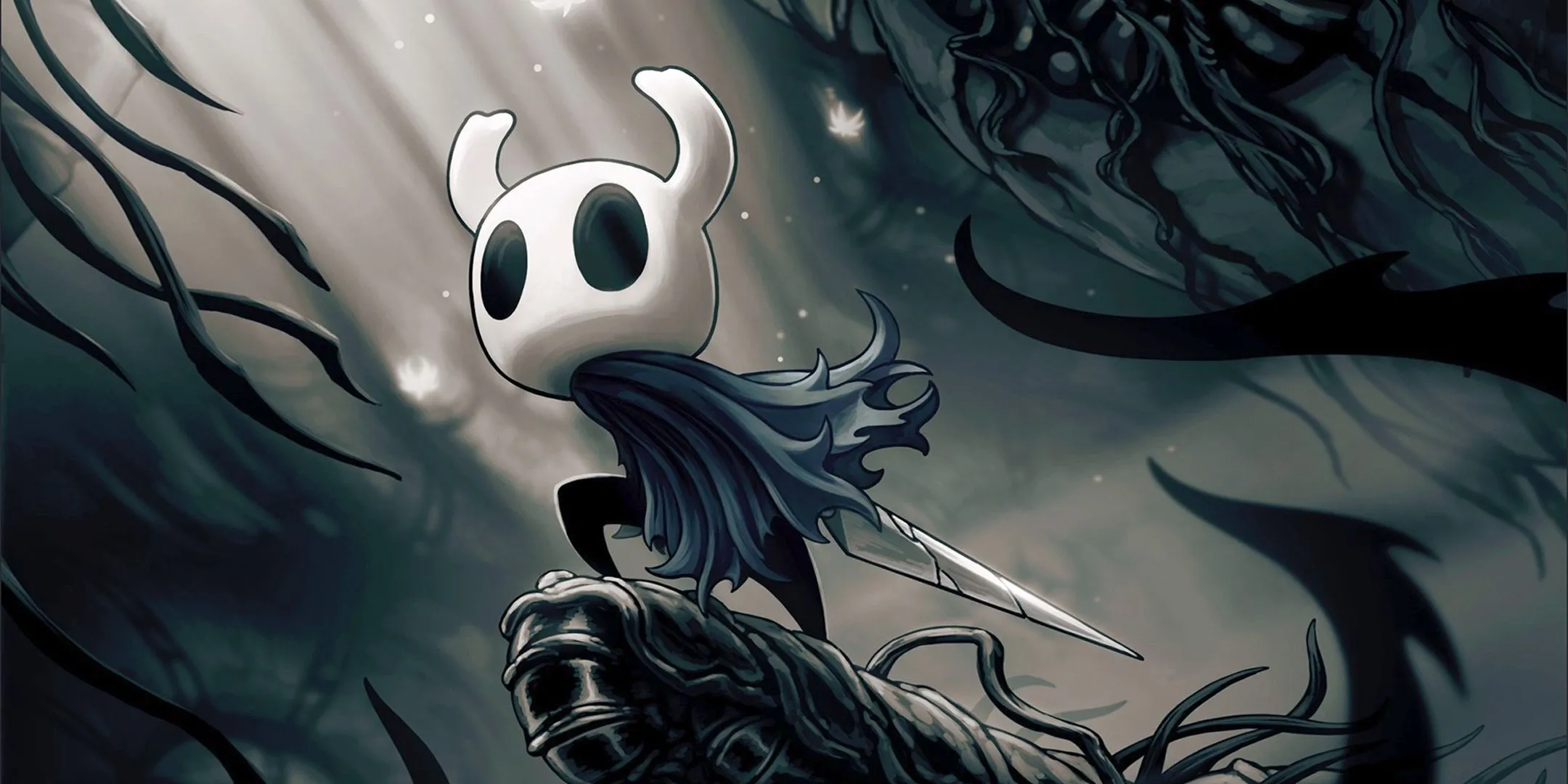 The Knight từ Hollow Knight, nhân vật chính thầm lặng, cầm chiếc móng vuốt của mình, sẵn sàng đối mặt với hiểm nguy.
