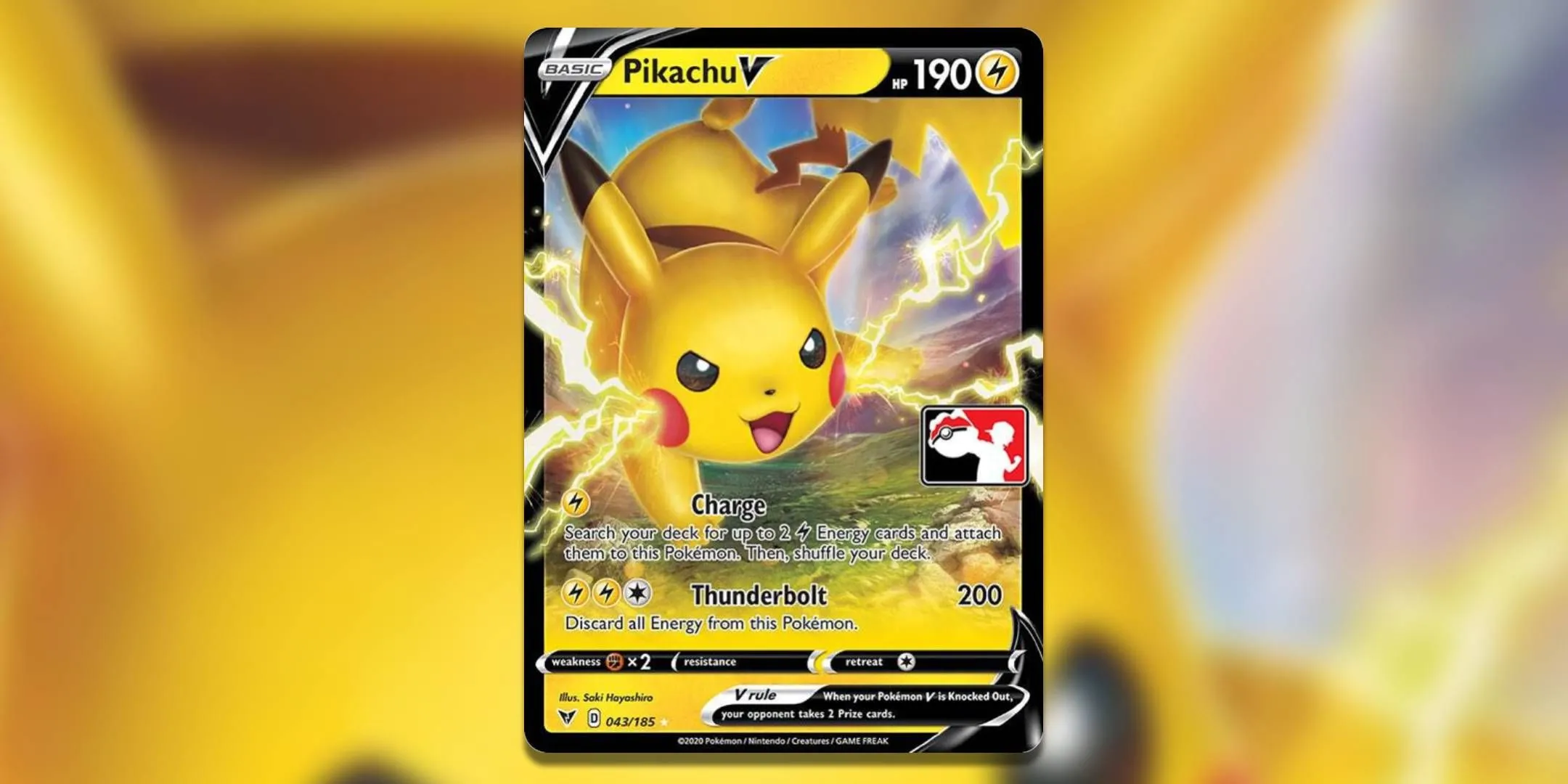 Thẻ Pikachu V Prize Pack Series trong Pokemon TCG với hiệu ứng ánh sáng.