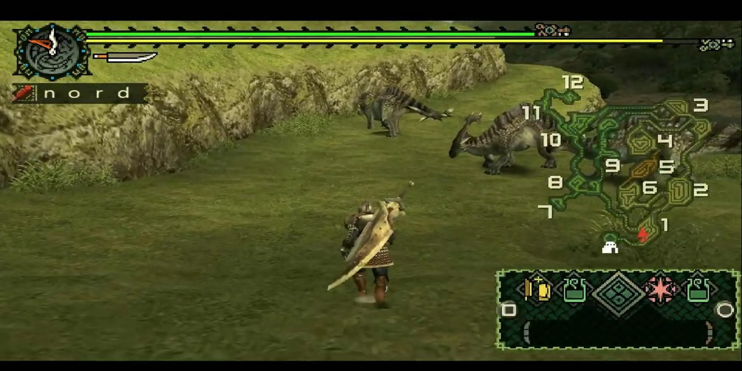 Thợ săn đối mặt quái vật khổng lồ trong Monster Hunter Freedom Unite trên PSP, minh họa lối chơi săn bắt độc đáo và đồ họa môi trường rộng lớn