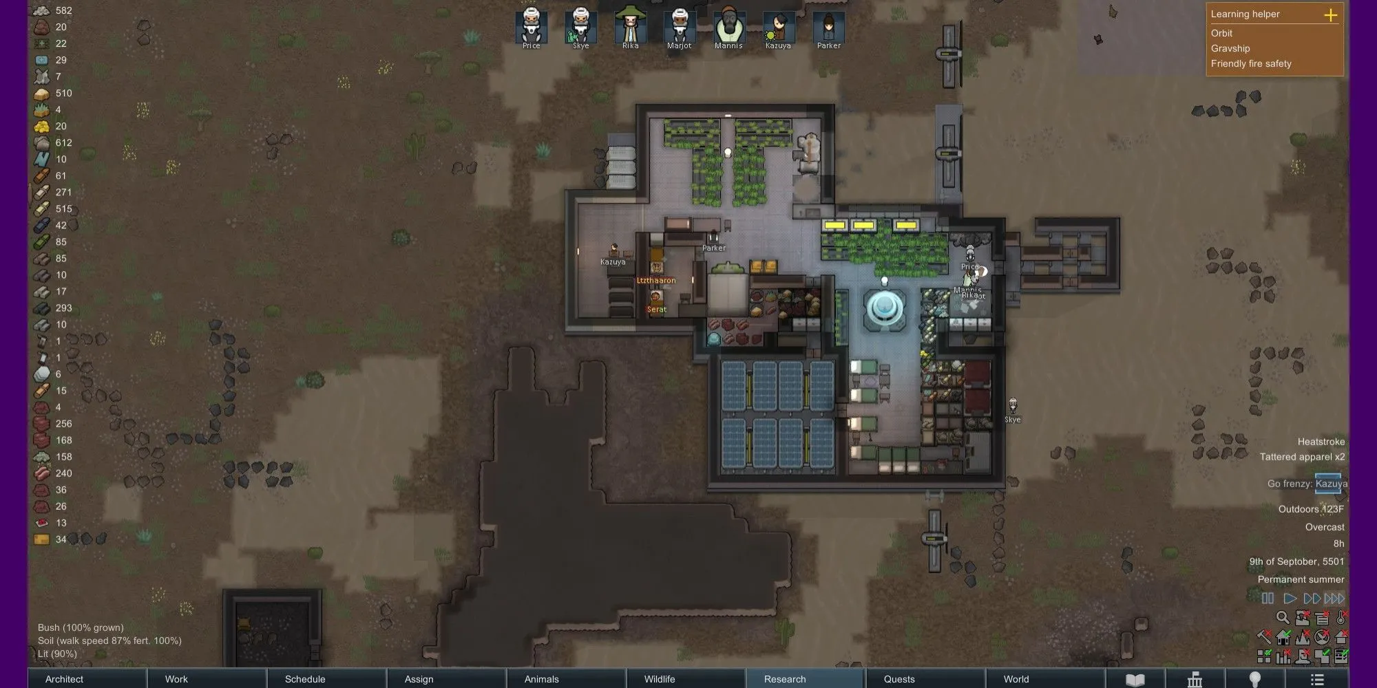 Thuộc địa di động trong RimWorld Odyssey với nhiều bồn thủy canh, biểu thị khả năng tự cung tự cấp lương thực trên Gravship.