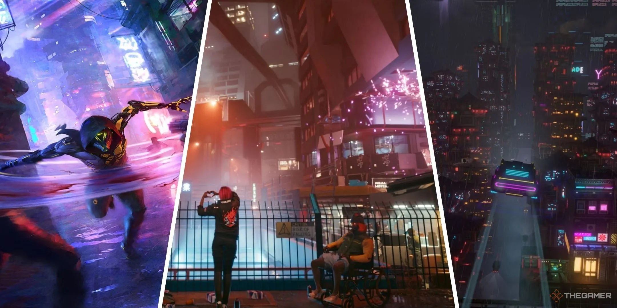 Tổng hợp các hình ảnh từ game Cyberpunk 2077, Ghostrunner và Cloudpunk, minh họa thế giới cyberpunk đầy màu sắc