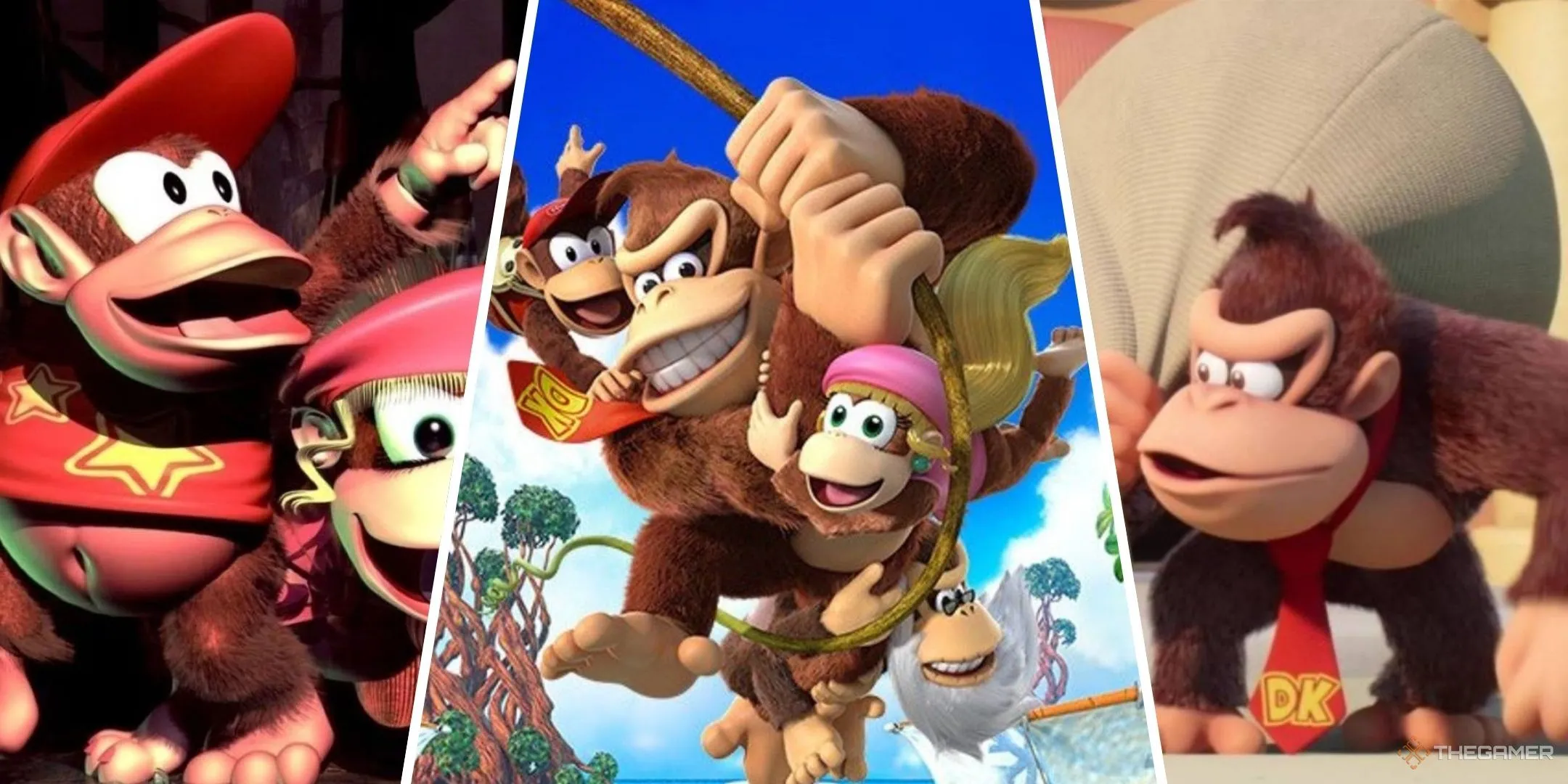 Tổng hợp các hình ảnh từ game Donkey Kong Country 2, Tropical Freeze và Mario Vs Donkey Kong, minh họa sự đa dạng của nhân vật khỉ đột huyền thoại.