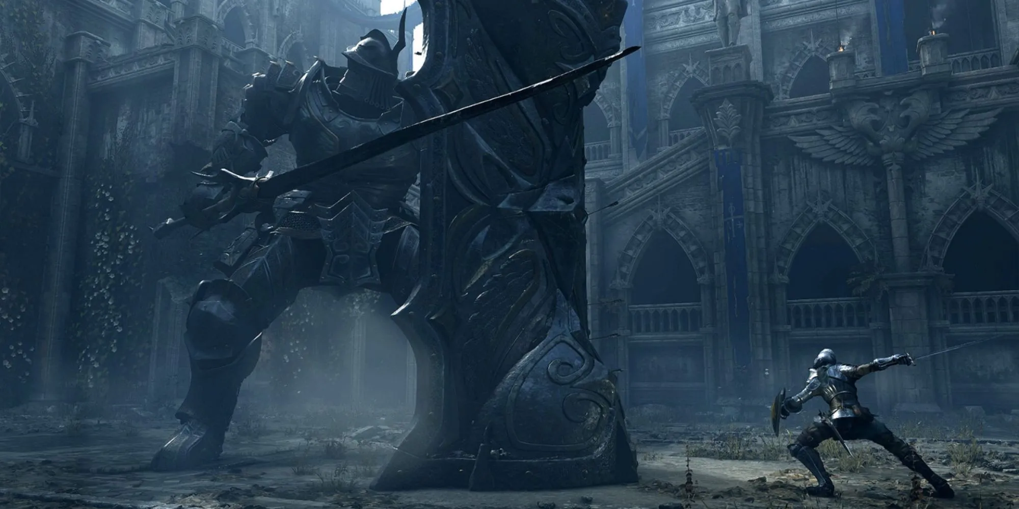 Trận chiến với Tower Knight trong Demon's Souls, với hàng loạt lính và rồng bao vây trên cầu.