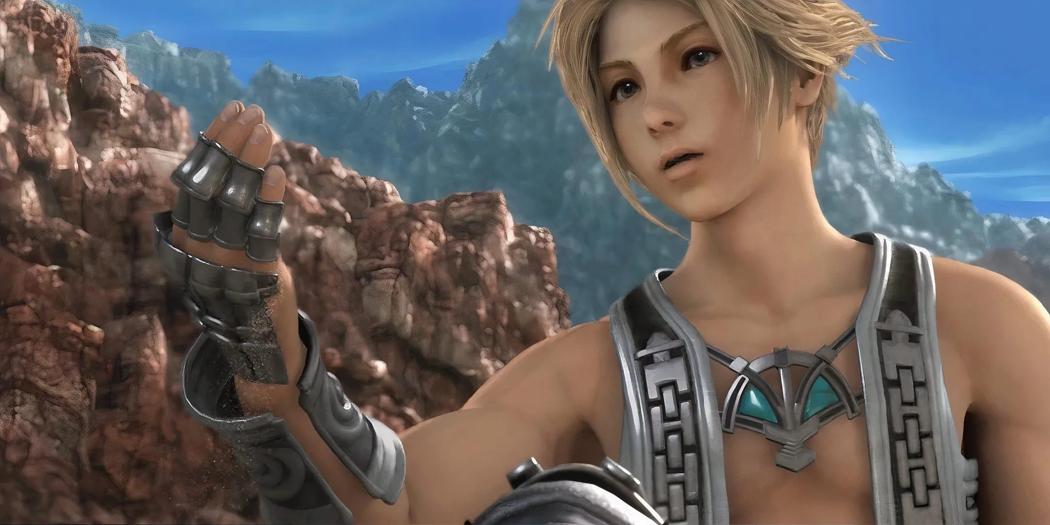 Vaan giơ tay phải lên một cách nghi vấn trước phông nền đá trong Final Fantasy 12.