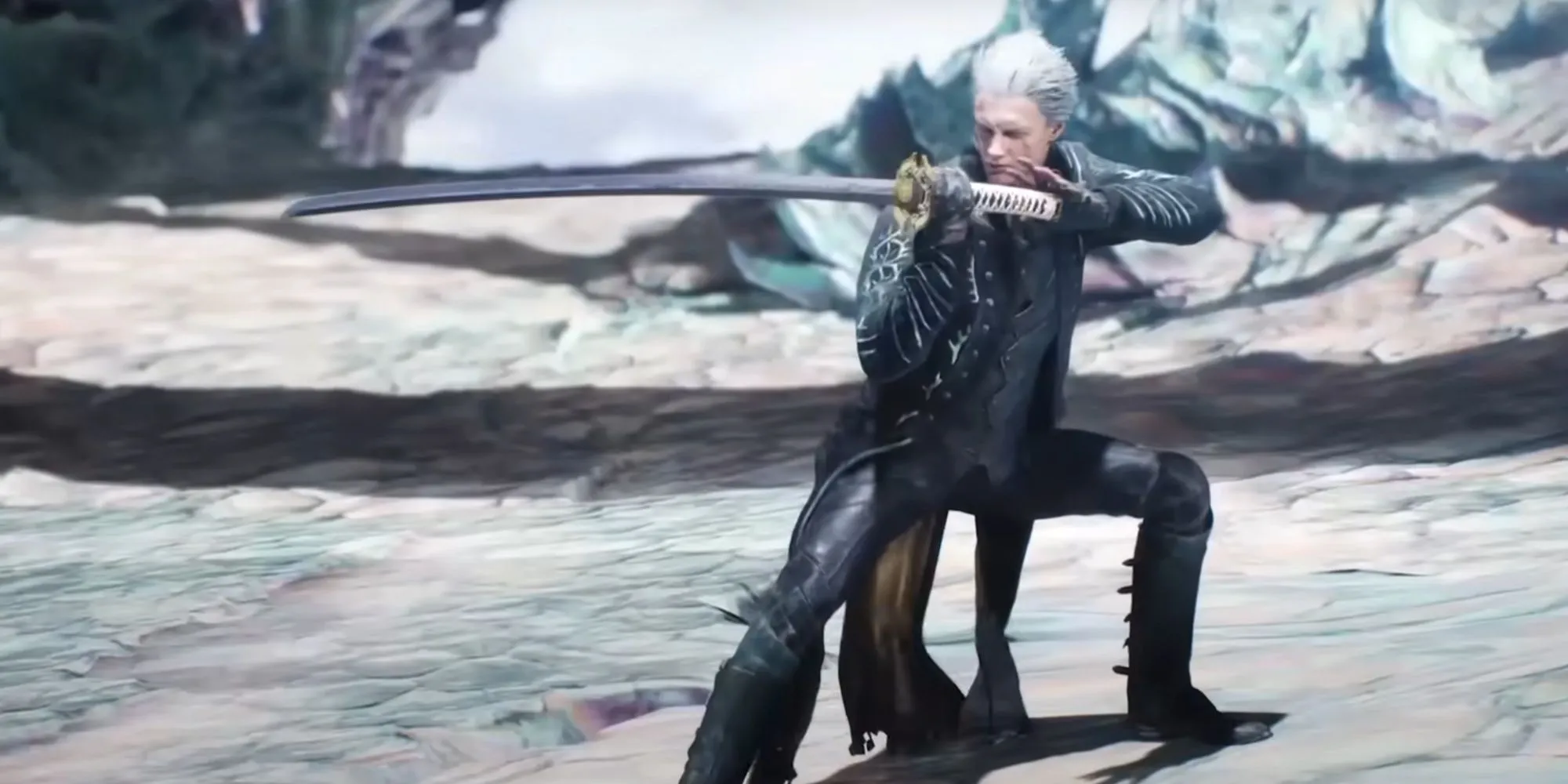 Vergil trong trailer DMC 5, tạo dáng với katana trong môi trường tuyết phủ