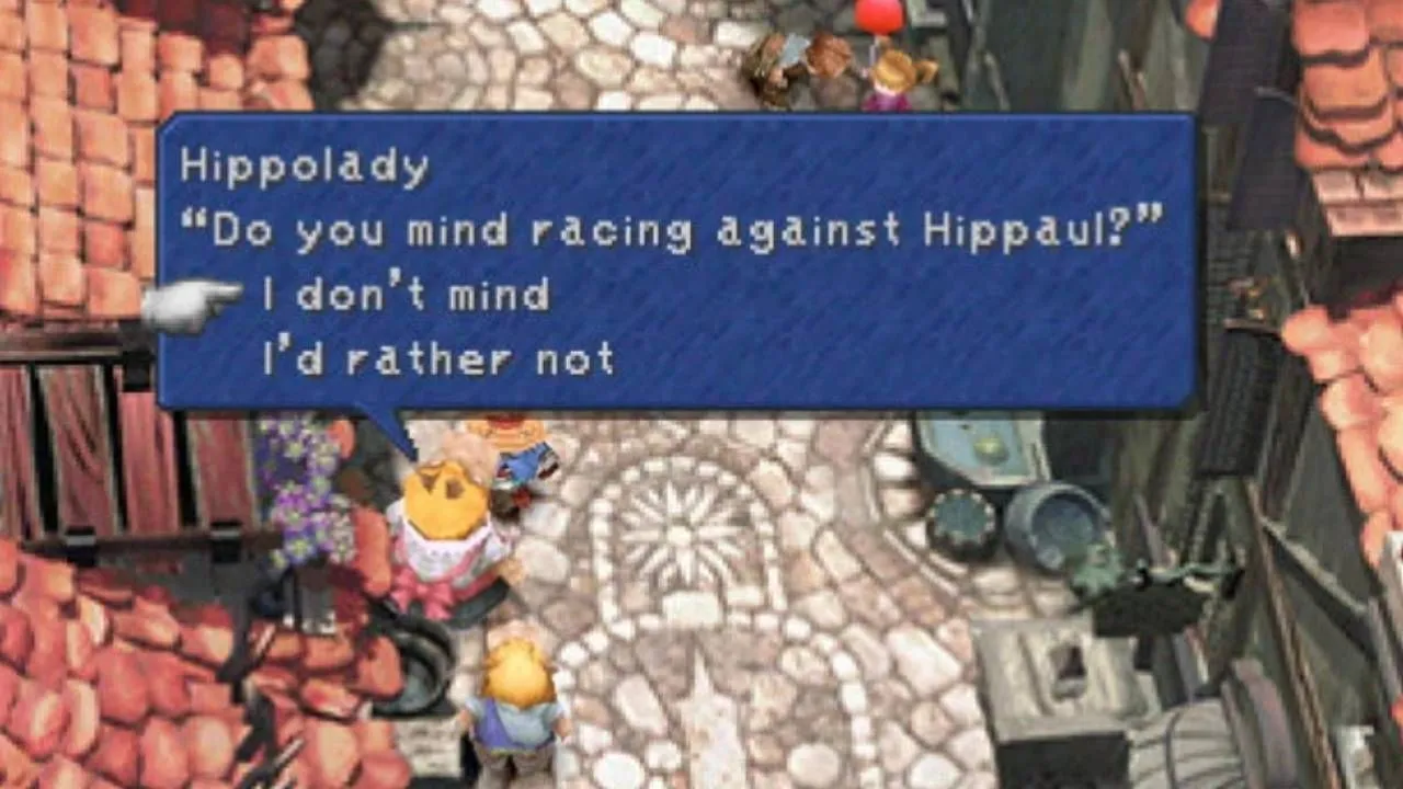 Vivi chuẩn bị đua với Hippaul dưới sự theo dõi của Hippolady ở Alexandria trong Final Fantasy 9, minigame đòi hỏi tốc độ bấm nút.