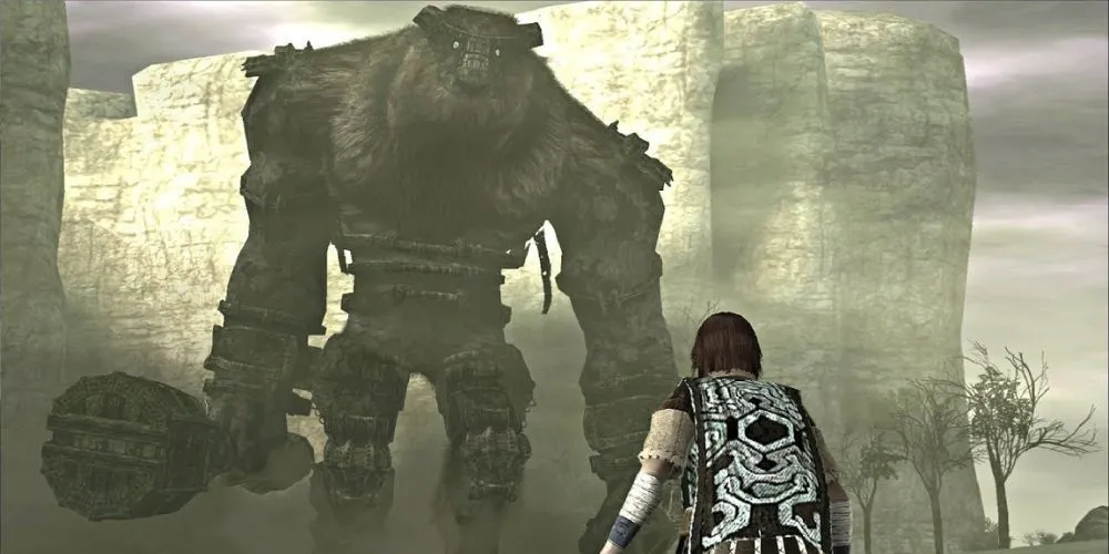 Wander đối mặt với Colossus đầu tiên, Valus, trong Shadow of the Colossus.