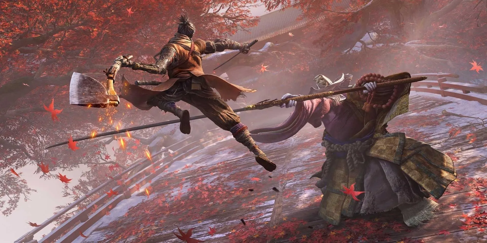 Wolf đối đầu với True Corrupted Monk trong Sekiro: Shadows Die Twice, thể hiện lối chơi kiếm thuật chính xác và đầy thử thách.