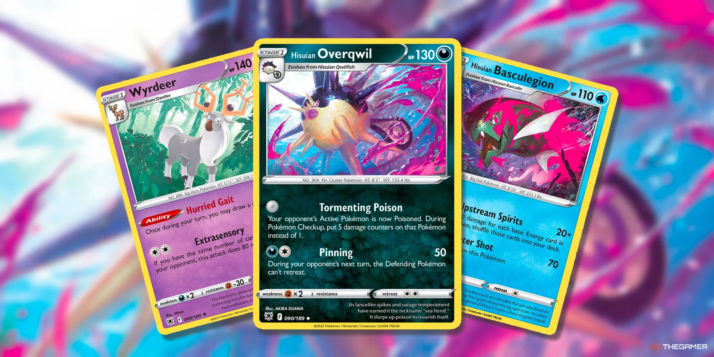 Wyrdeer, Overqwil và Basculegion, các Pokemon Hisui độc quyền từ Pokemon Legends: Arceus trên thẻ bài TCG.