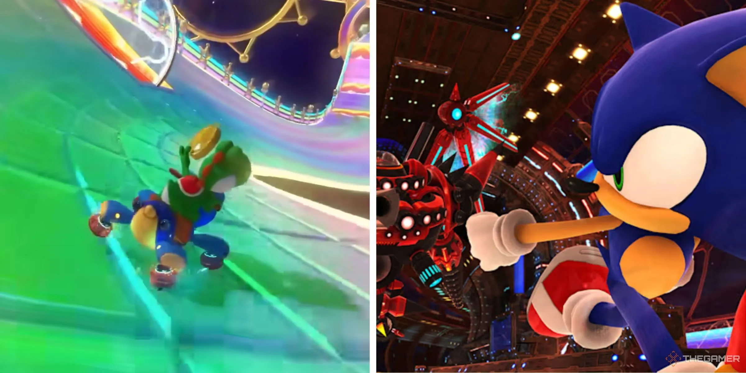 Yoshi đua trên cầu vồng trong Mario Kart 8 Deluxe và Sonic chạy trốn Eggman, biểu tượng cho việc chạy speedrun trong game.