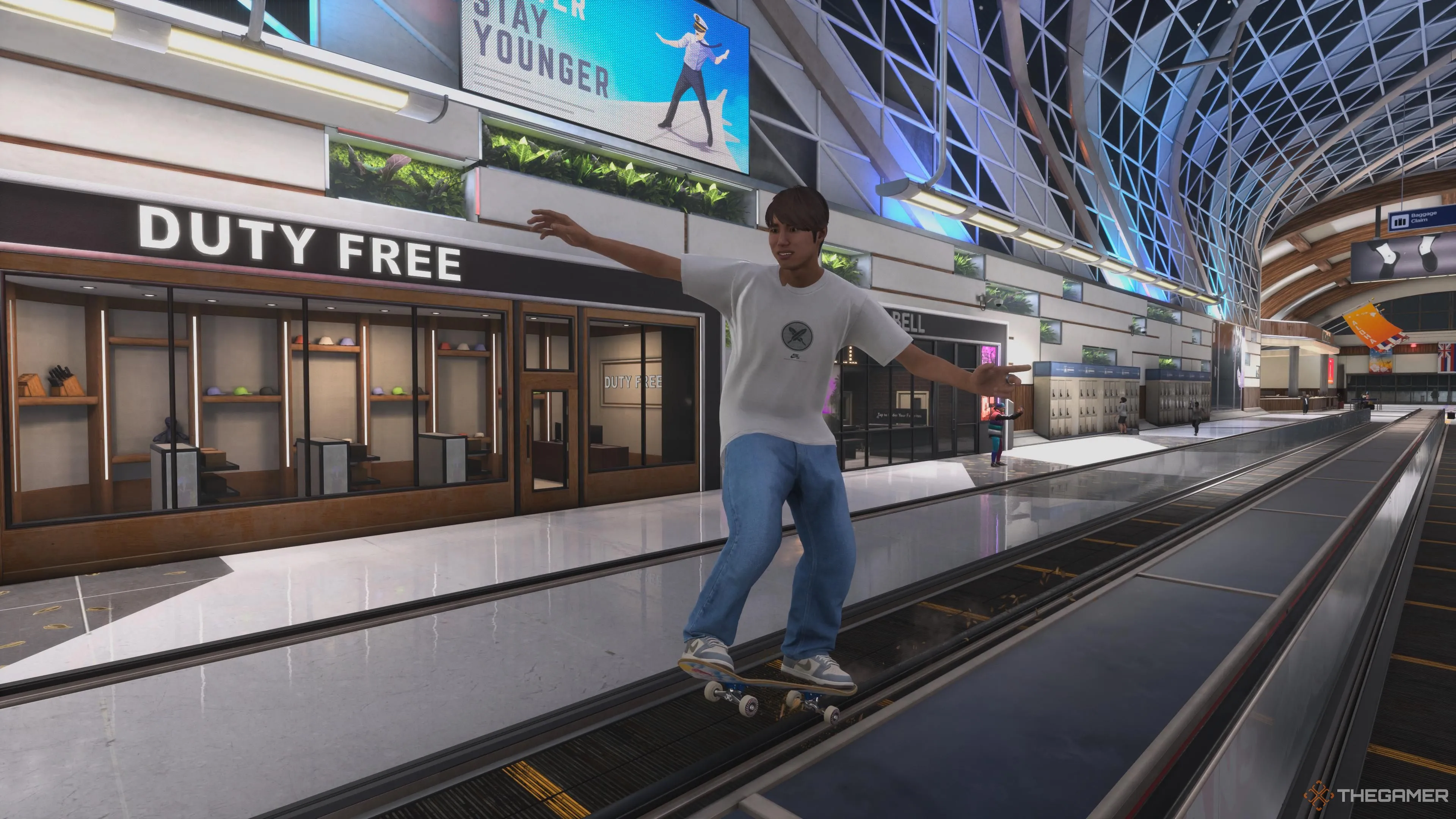 Yuto Horigome thực hiện động tác grind trên thanh ray tại sân bay trong Tony Hawk's Pro Skater 3+4
