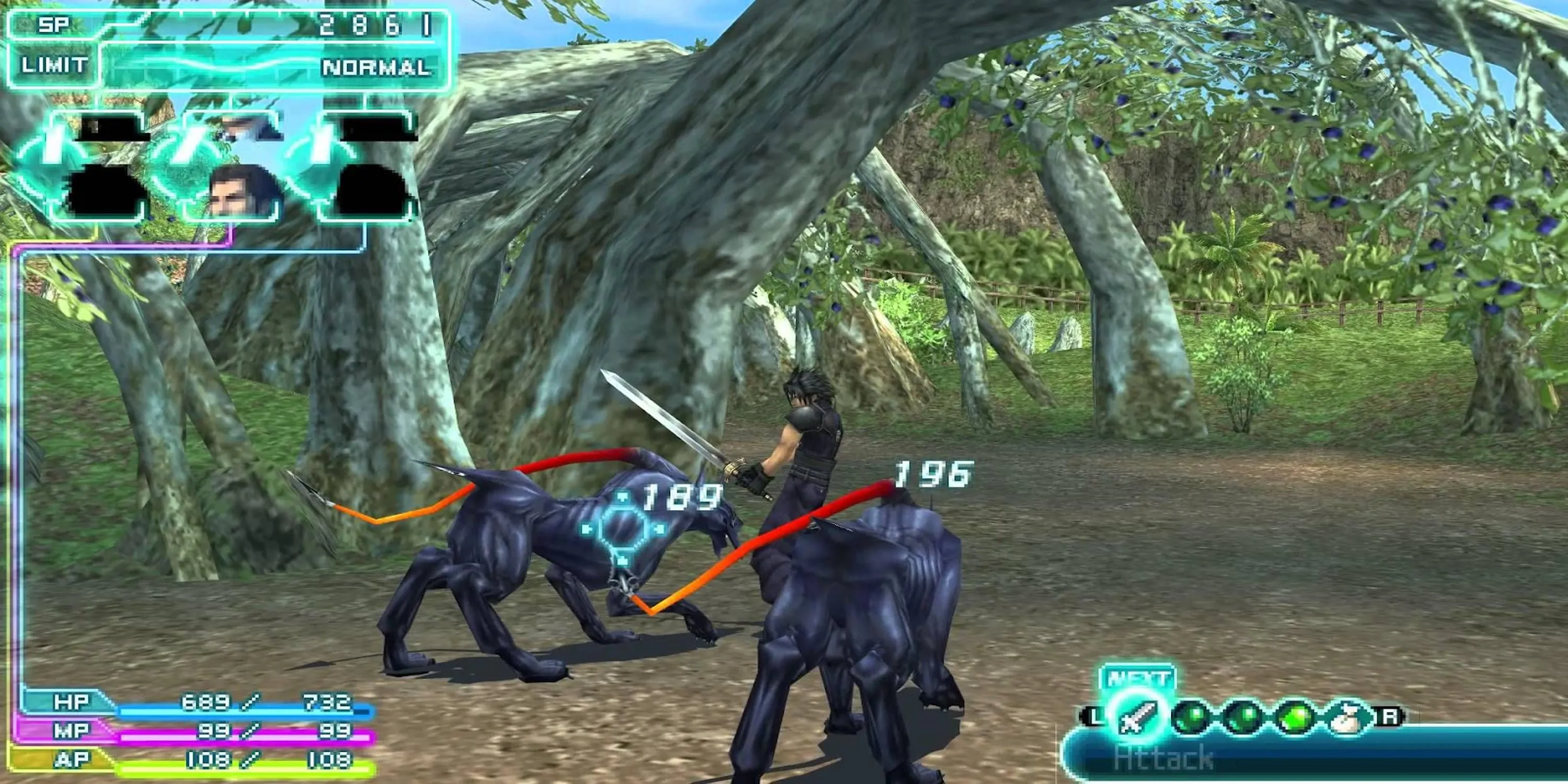 Zack Fair đối đầu quái vật dạng chó hung dữ trong Crisis Core Final Fantasy VII trên PSP, cho thấy đồ họa chi tiết và chiến đấu hành động