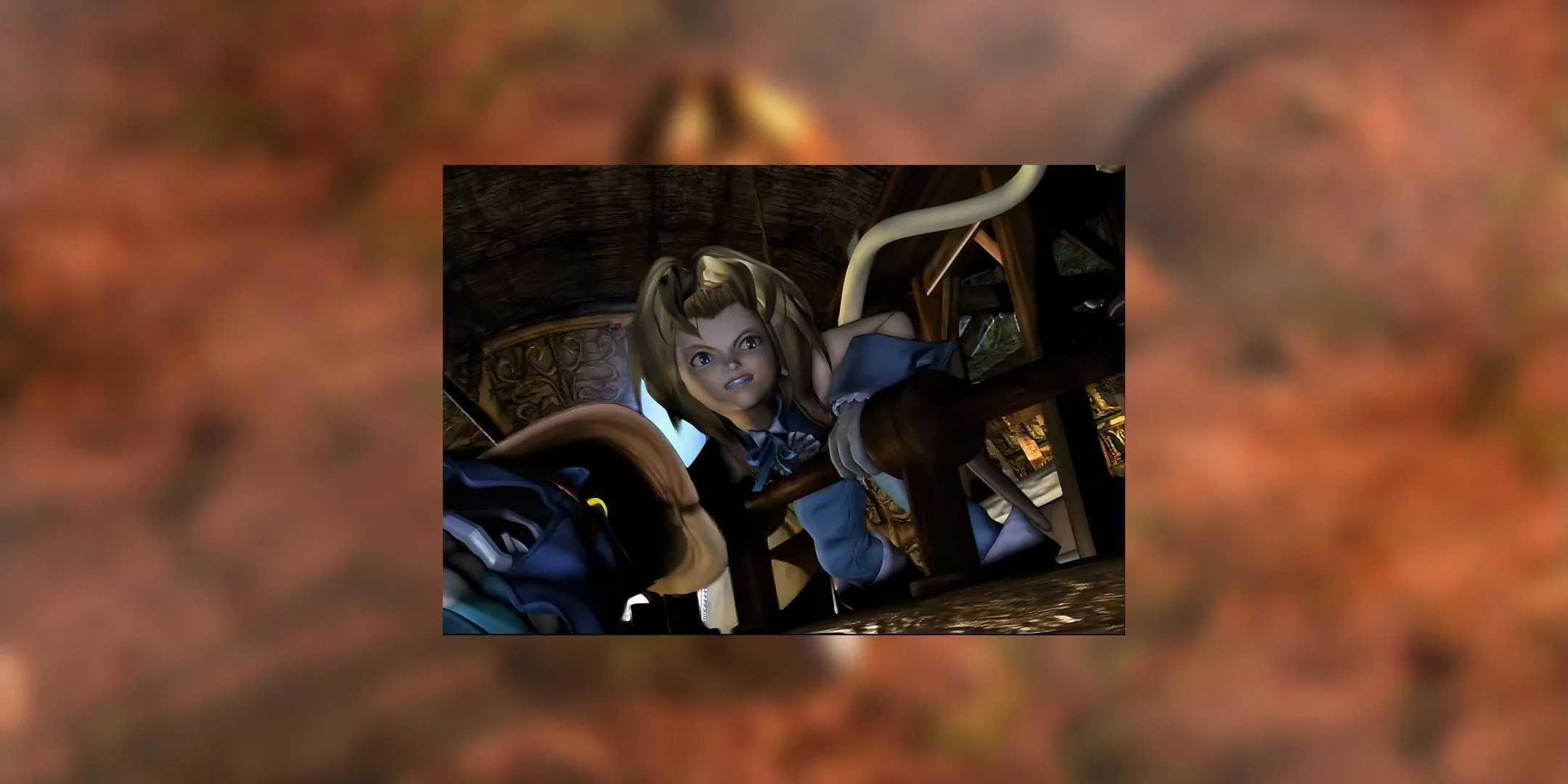 Zidane bám vào lan can gỗ trên tàu không của băng trộm Tantalus trong Final Fantasy 9.
