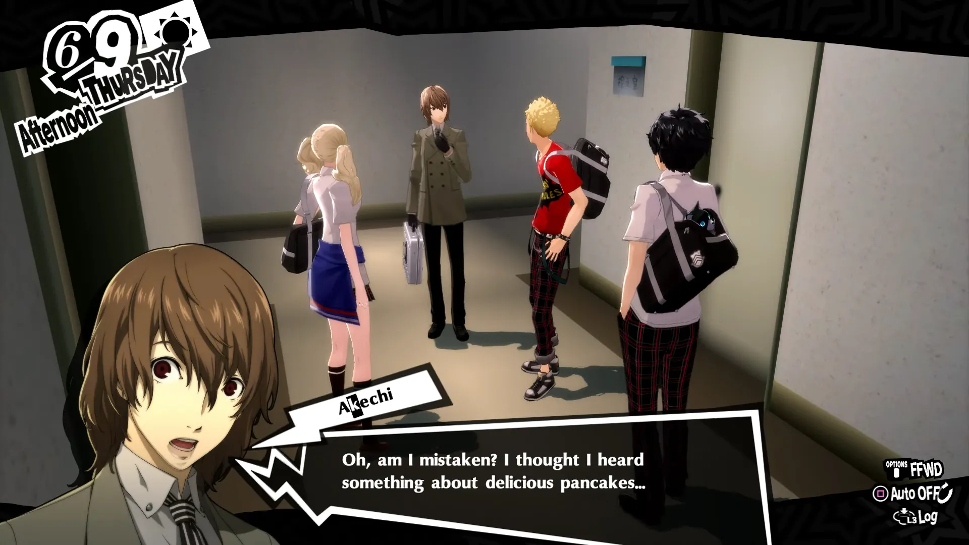 Akechi với biểu cảm đầy ẩn ý khi hỏi về bánh pancake trong Persona 5
