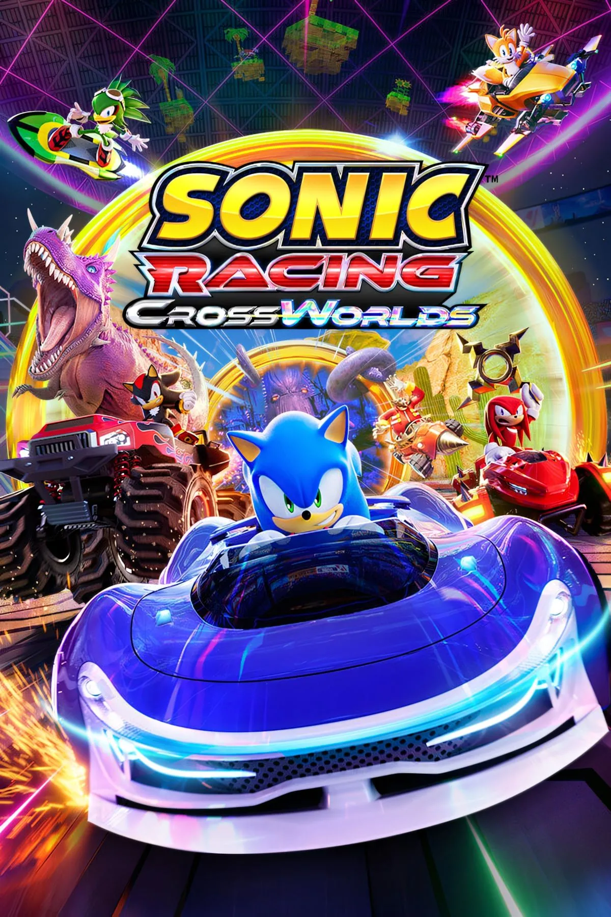 Ảnh bìa chính thức của game đua xe Sonic Racing: CrossWorlds với các nhân vật quen thuộc của Sega