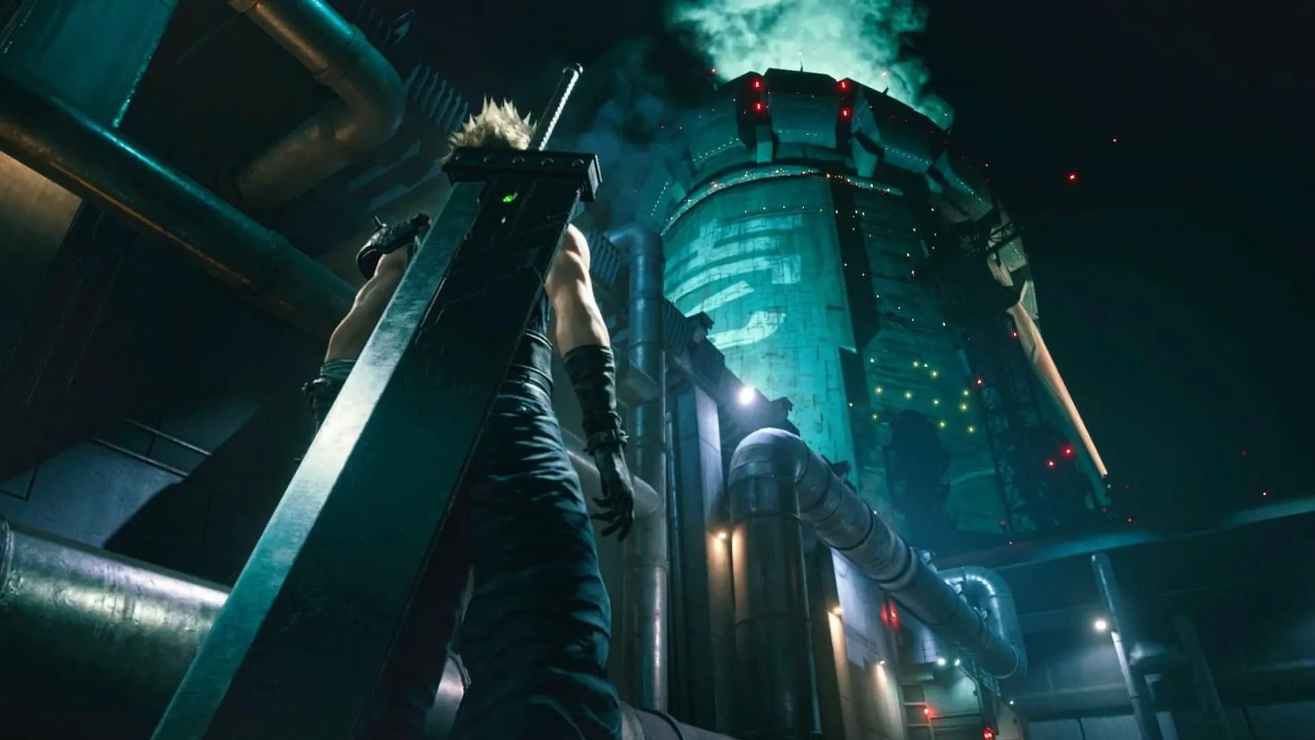 Bìa game Final Fantasy VII Remake với nhà máy Mako ở Midgar dưới ánh đèn