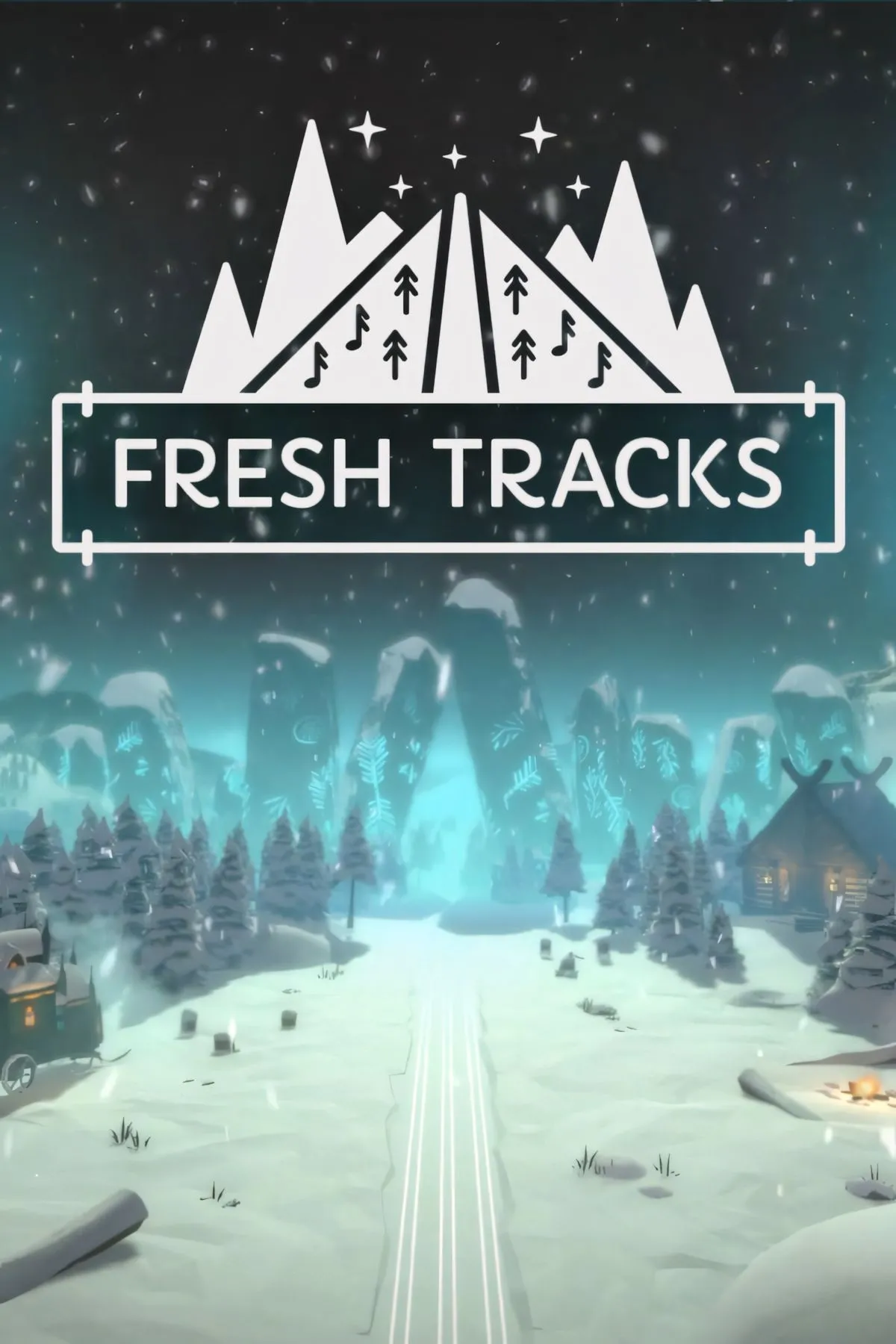 Bìa nghệ thuật chính thức của game Fresh Tracks, thể hiện logo game và hình ảnh nhân vật đang trượt tuyết đầy phong cách.