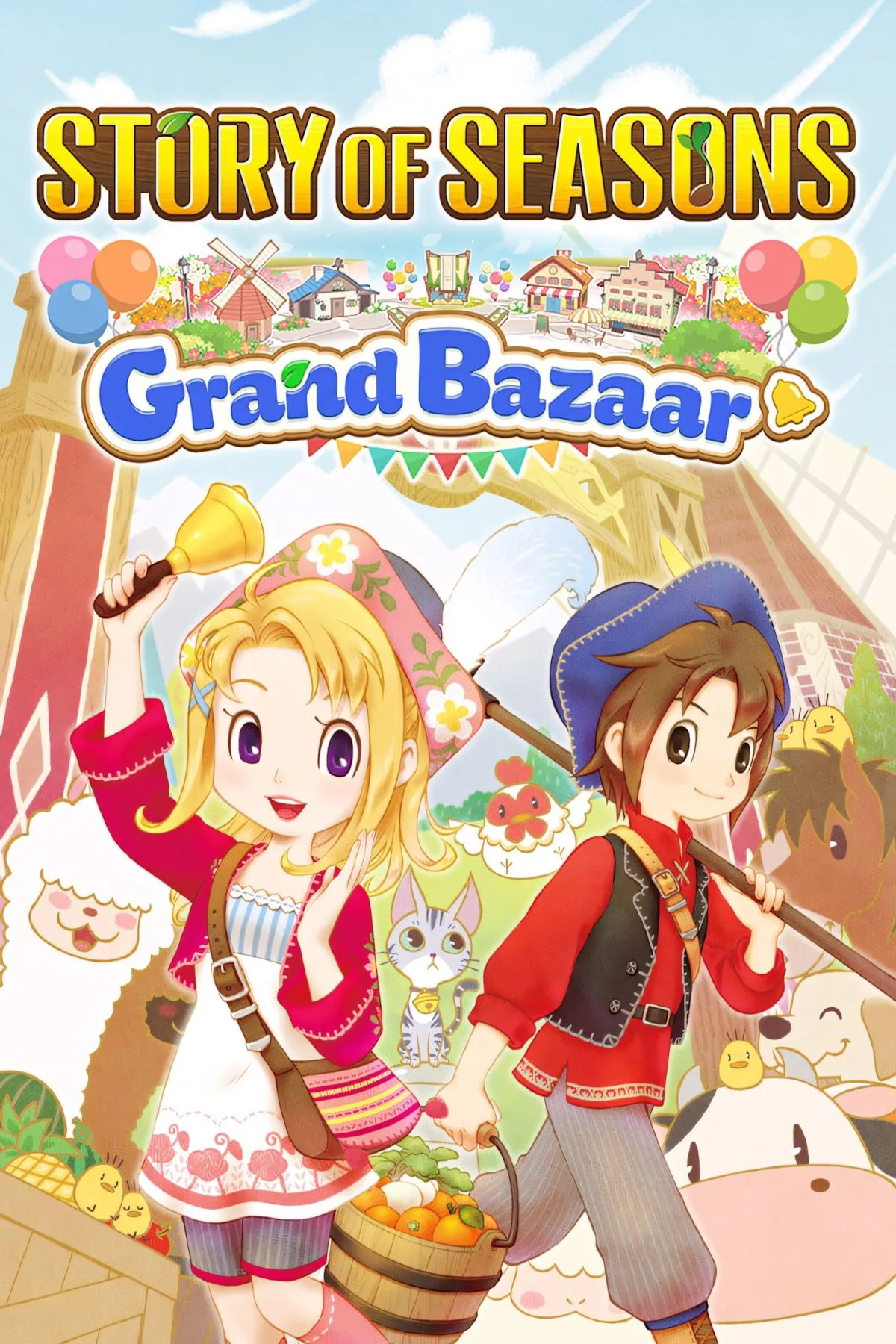 Bìa Story of Seasons Grand Bazaar với nhân vật chính và các vật nuôi đáng yêu