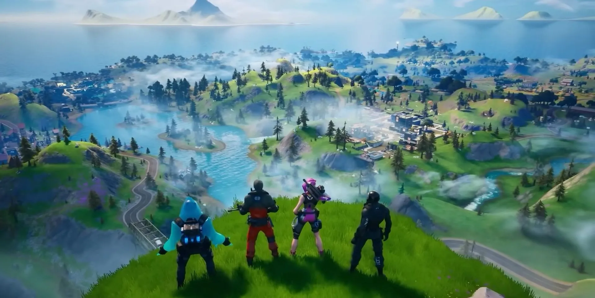 Các nhân vật của Fortnite đứng trên đồi, biểu tượng cho chiến thắng chung cuộc trong cuộc đối đầu Battle Royale
