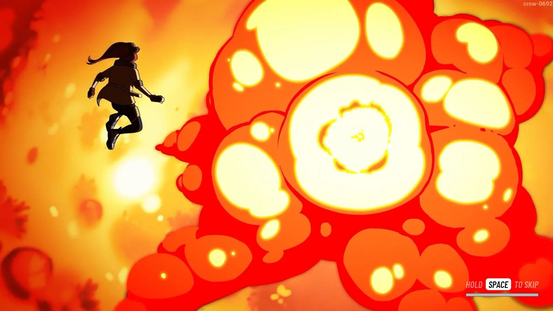 Cảnh cháy nổ đầy kịch tính trong JETRUNNER, thể hiện đồ họa cel-shaded đặc trưng và yếu tố hành động của game parkour FPS.