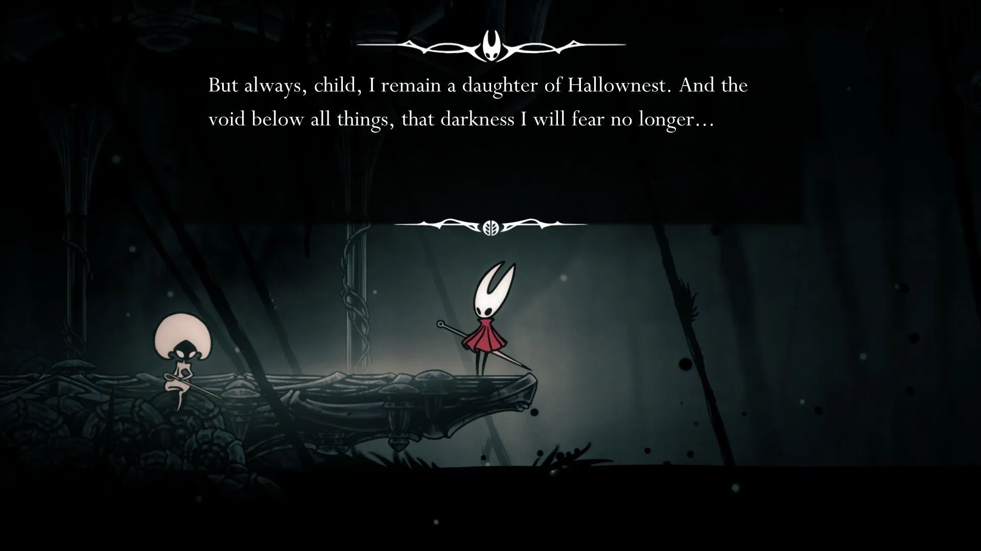 Cảnh đối thoại kịch tính giữa Hornet và một nhân vật bí ẩn trong Hollow Knight Silksong.