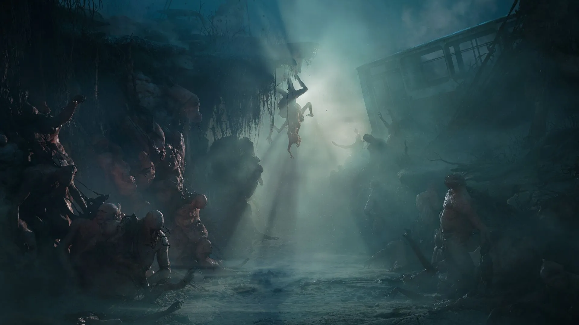 Cảnh gameplay Cronos The New Dawn, nhân vật đối mặt với quái vật biến dạng trong hành lang đổ nát.