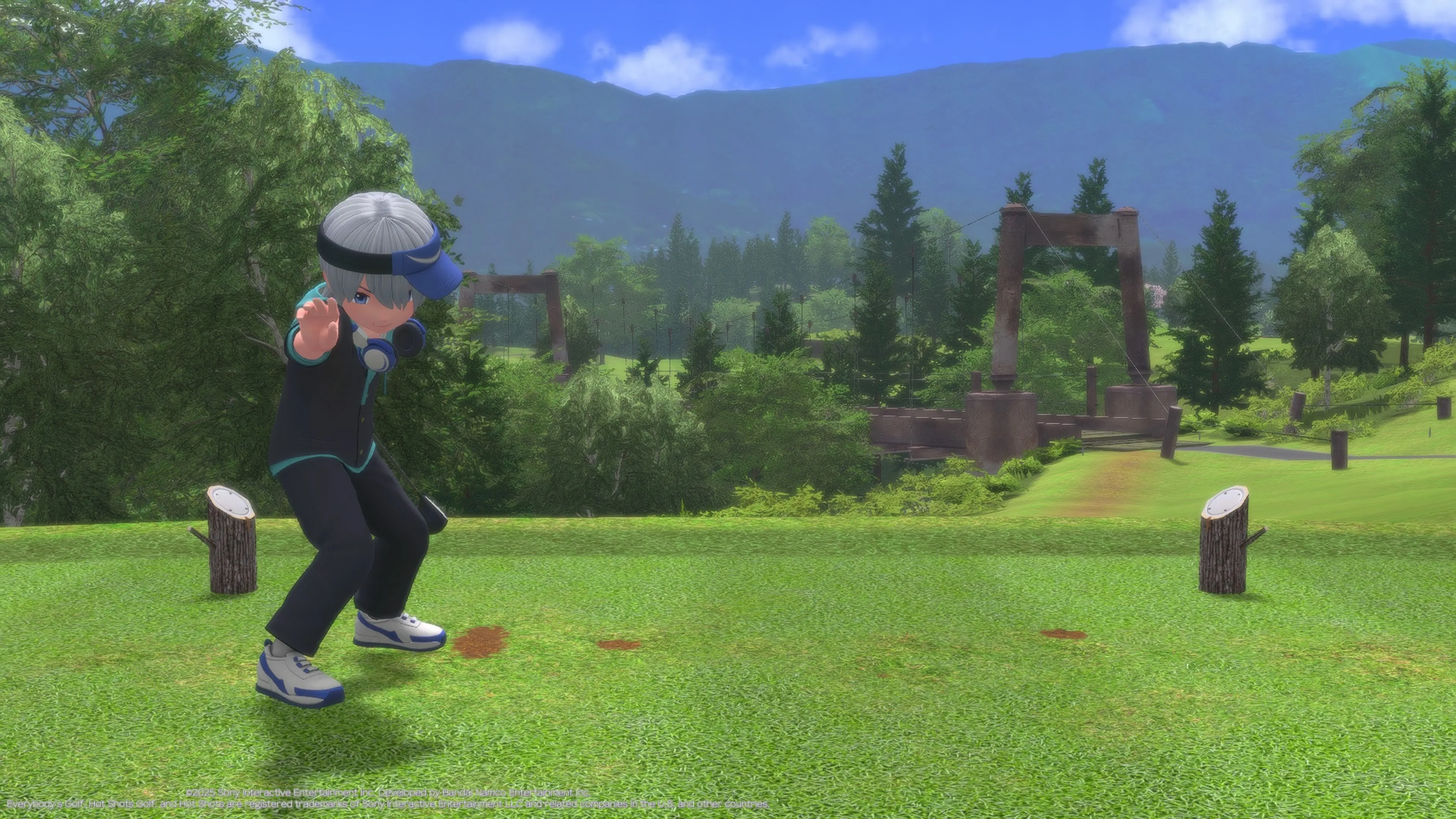 Cảnh nhân vật biểu cảm thái quá và nằm cản trở tầm nhìn cú đánh trong Everybody's Golf Hot Shots, gây mất tập trung.