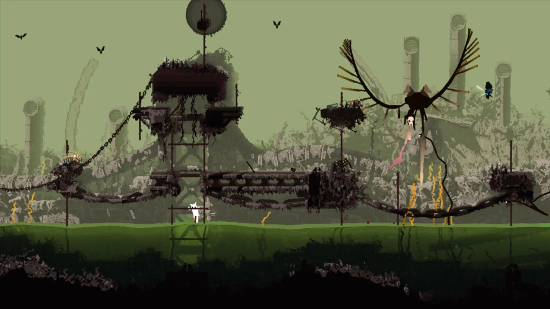 Chú mèo Slugcat đang ẩn nấp trong Rain World, với một sinh vật lớn và đáng sợ ẩn hiện trong bóng tối.