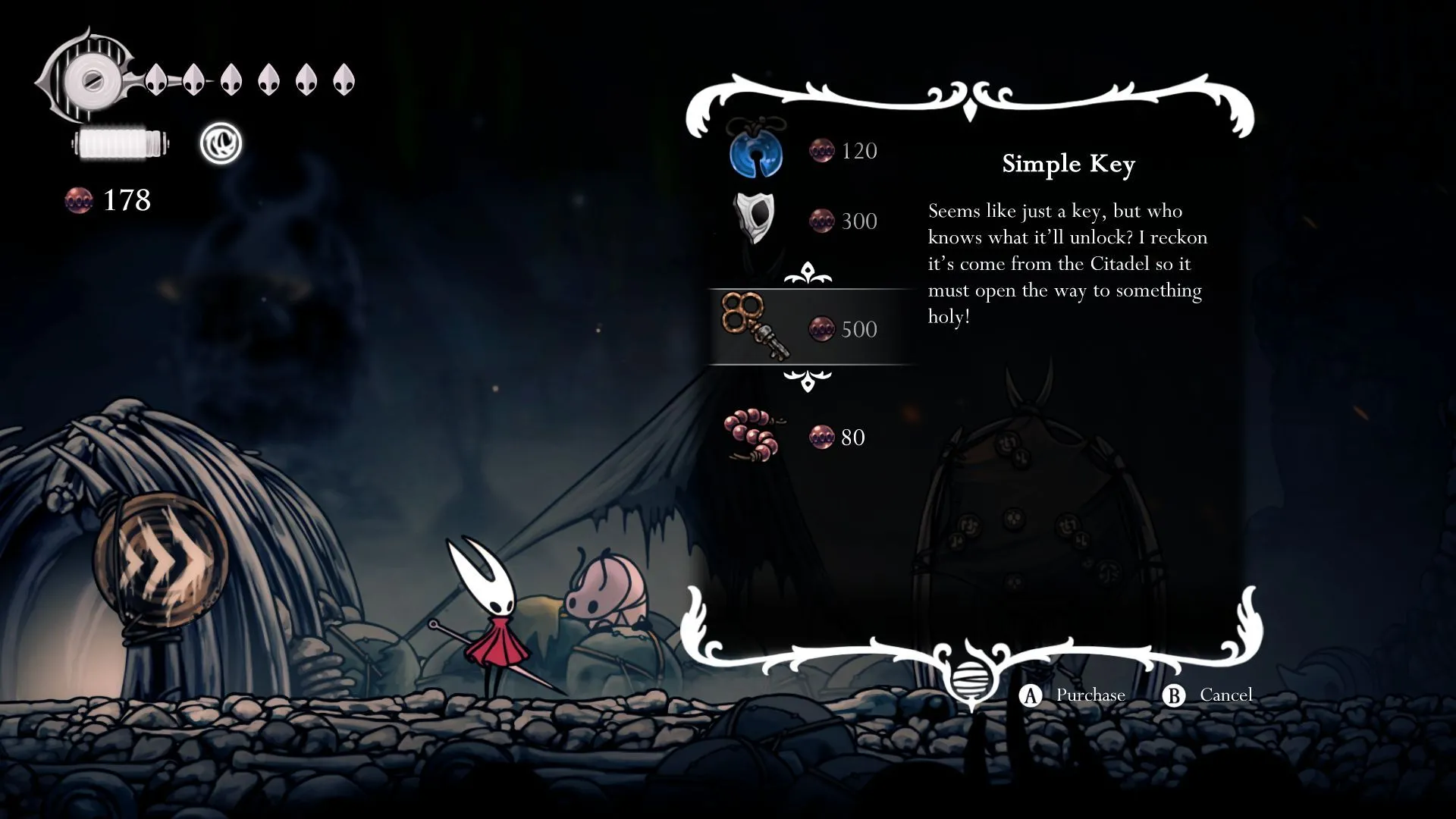 Cửa hàng của thương nhân bán Chìa khóa đơn giản trong Hollow Knight Silksong ở Bone Bottom