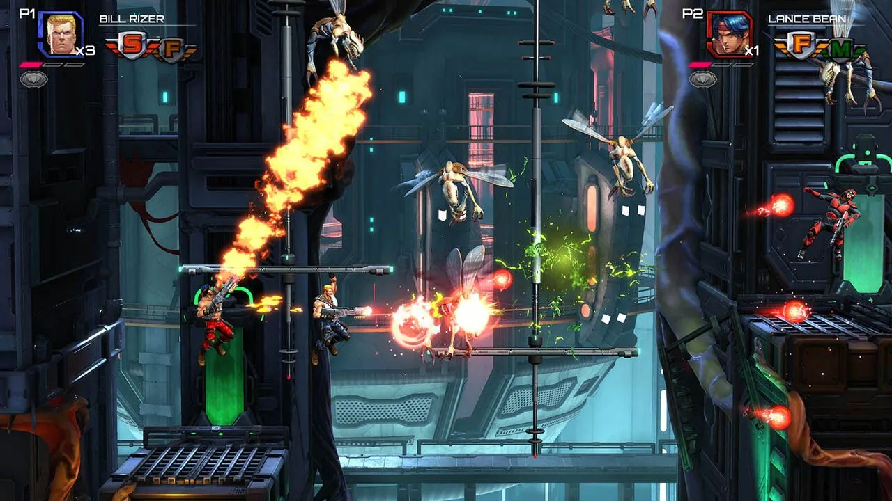 Gameplay Contra Operation Galuga với nhân vật bắn súng liên tục giữa môi trường rừng rậm và căn cứ quân sự