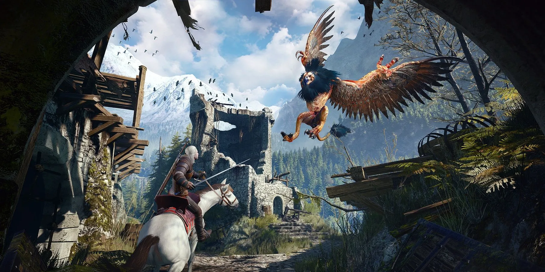Geralt chiến đấu một con quái vật trên lưng ngựa trong The Witcher 3 Wild Hunt thể hiện sự rộng lớn của thế giới mở