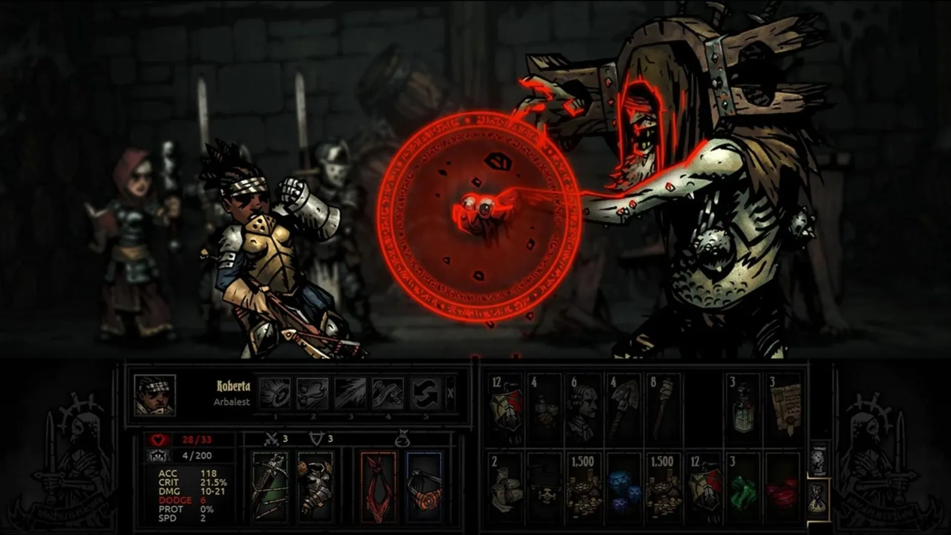 Giao diện chiến đấu trong Darkest Dungeon, thể hiện trạng thái sức khỏe và độ stress của các anh hùng