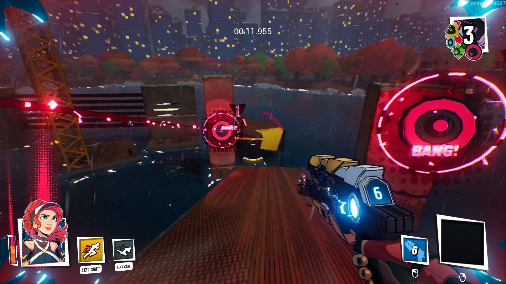 Giao diện gameplay của JETRUNNER với nhân vật Nina đang wall-run trên tường, thể hiện tốc độ và cơ chế parkour linh hoạt.