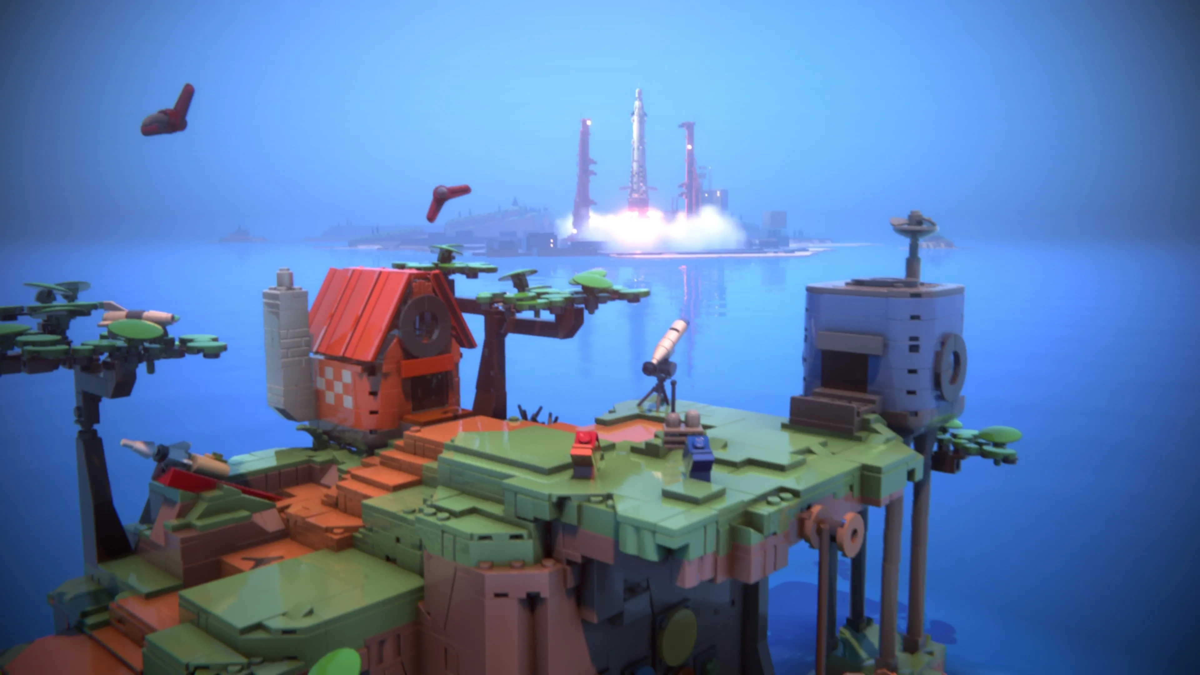 Góc nhìn cận cảnh hai nhân vật LEGO Voyagers nhỏ bé đối diện với một cảnh quan lớn, gợi cảm giác về sự trưởng thành và khám phá