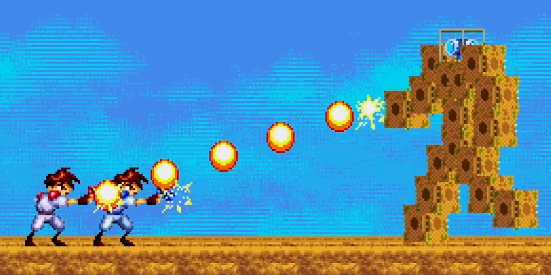 Hai nhân vật Gunstar Heroes chiến đấu với trùm trong chế độ co-op, bắn phá màn hình rực lửa