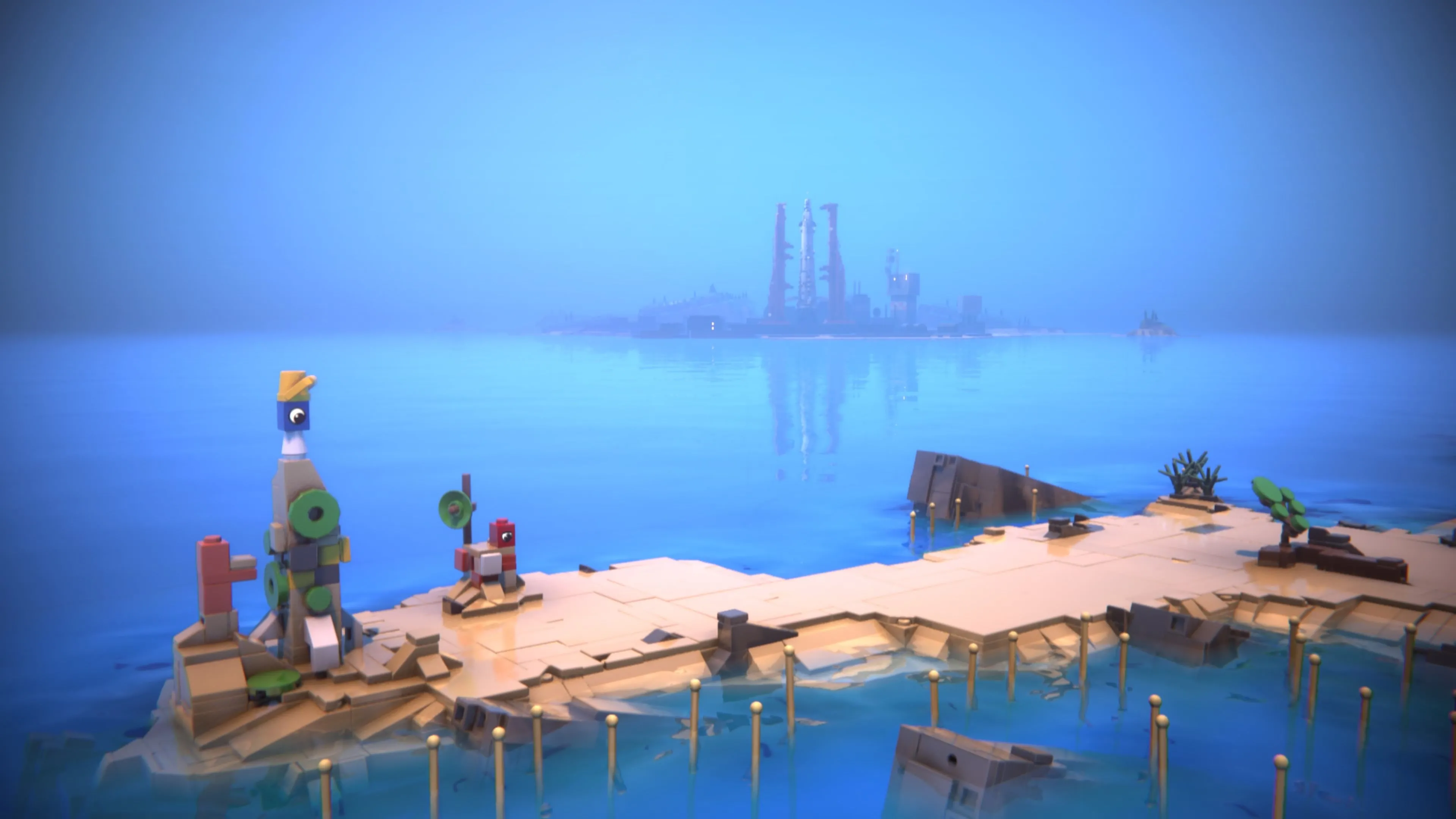 Hai nhân vật LEGO Voyagers màu đỏ và xanh đang cùng nhau vượt qua thử thách trong môi trường game tươi sáng