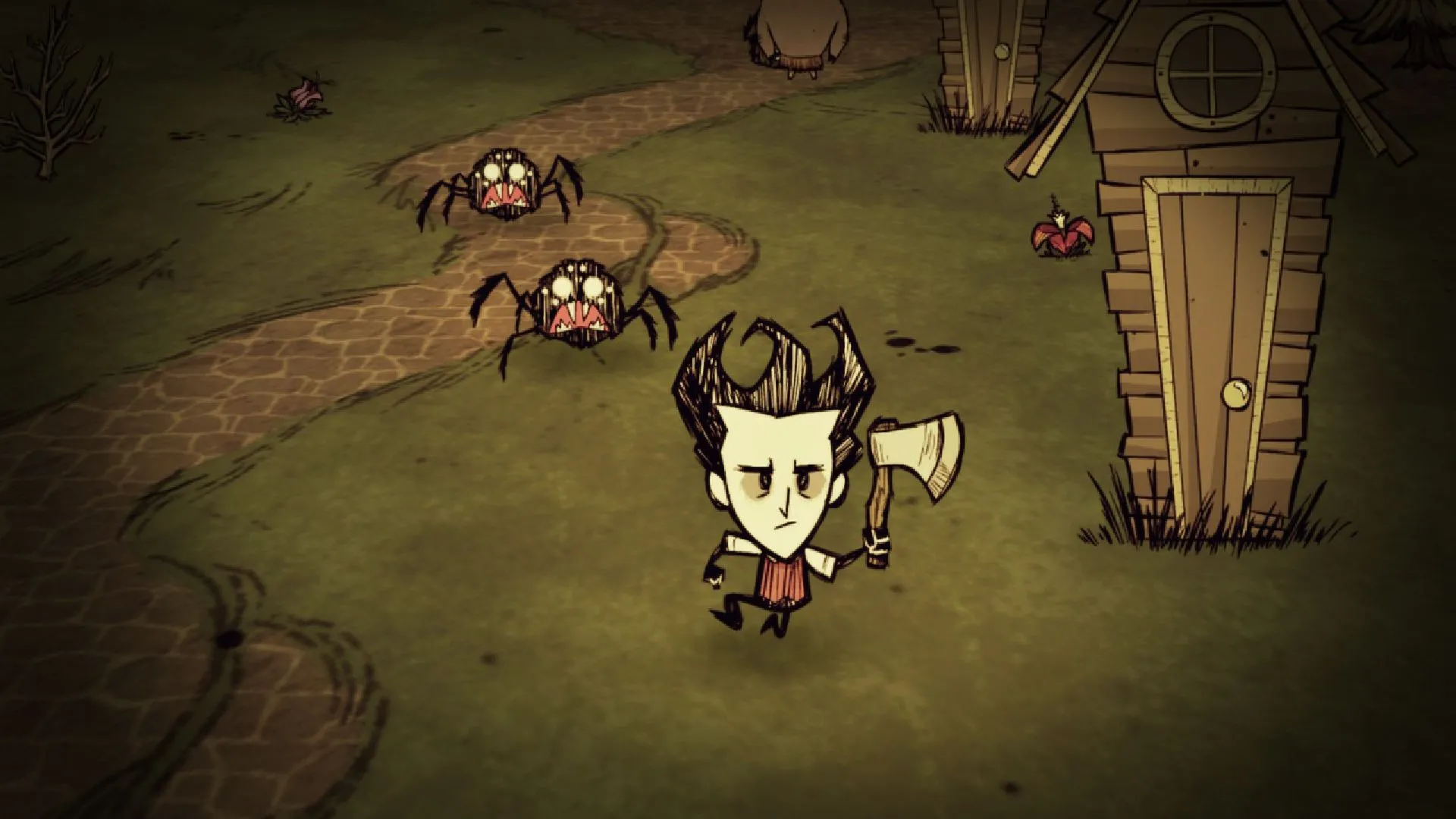 Hai nhân vật từ Don't Starve đang ngồi cạnh đống lửa trại trong một đêm tối đầy nguy hiểm, xung quanh là những cái cây với hình thù kỳ dị.