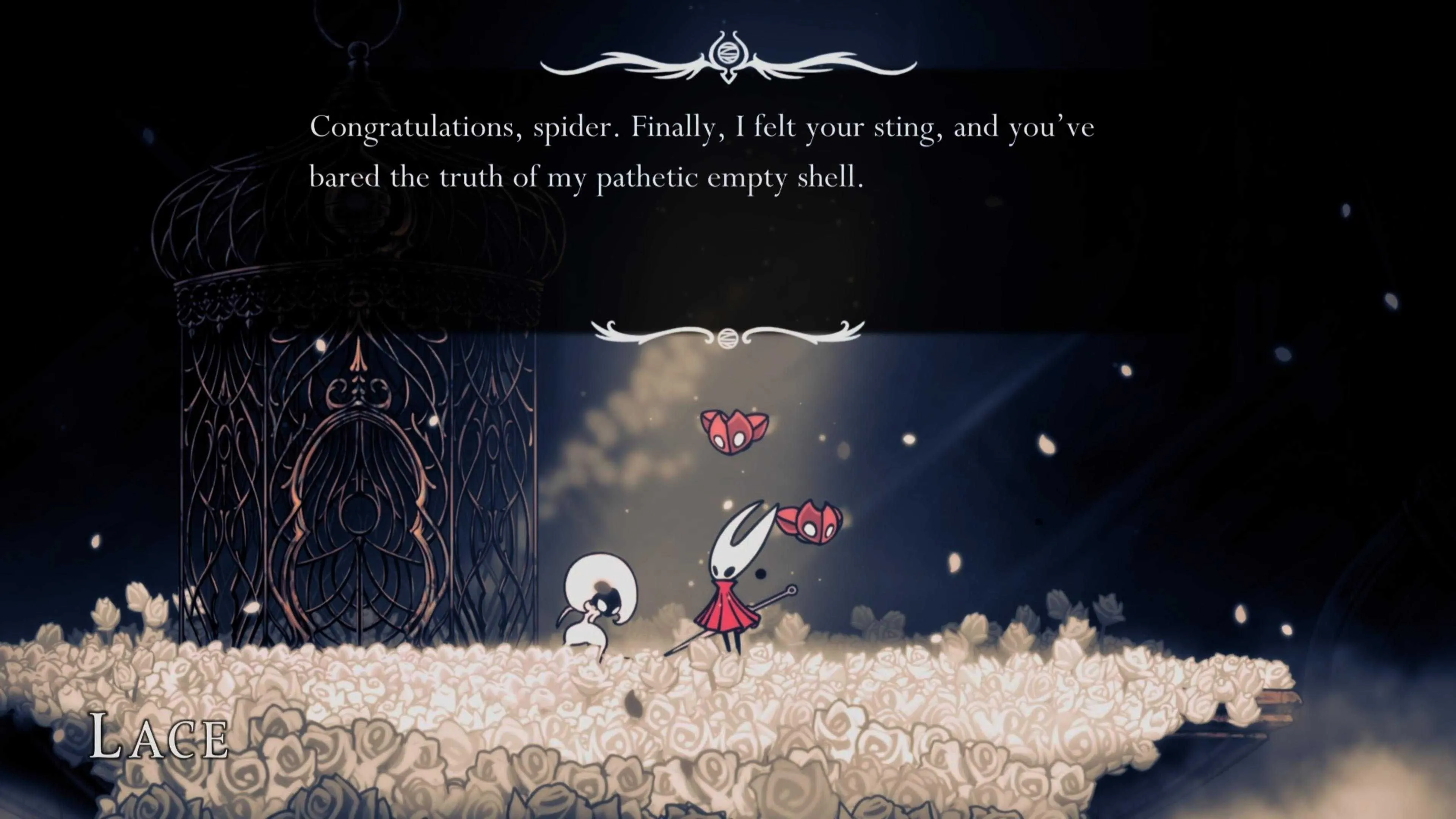 Hornet đứng trên xác Lace sau khi đánh bại boss Lace lần 2 trong Hollow Knight Silksong