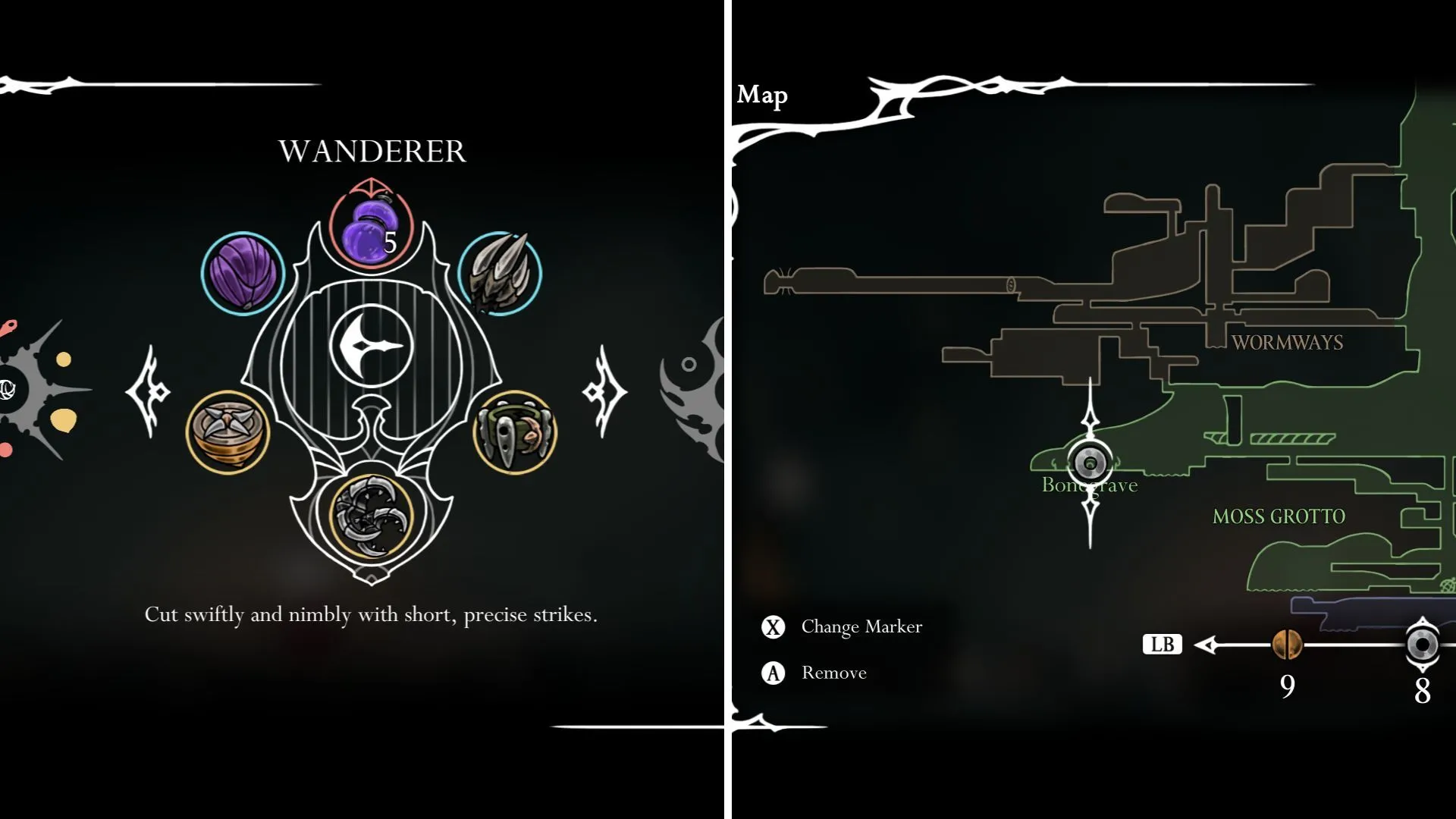 Hornet trong Hollow Knight Silksong với Wanderer Crest, thực hiện chuỗi chém nhanh
