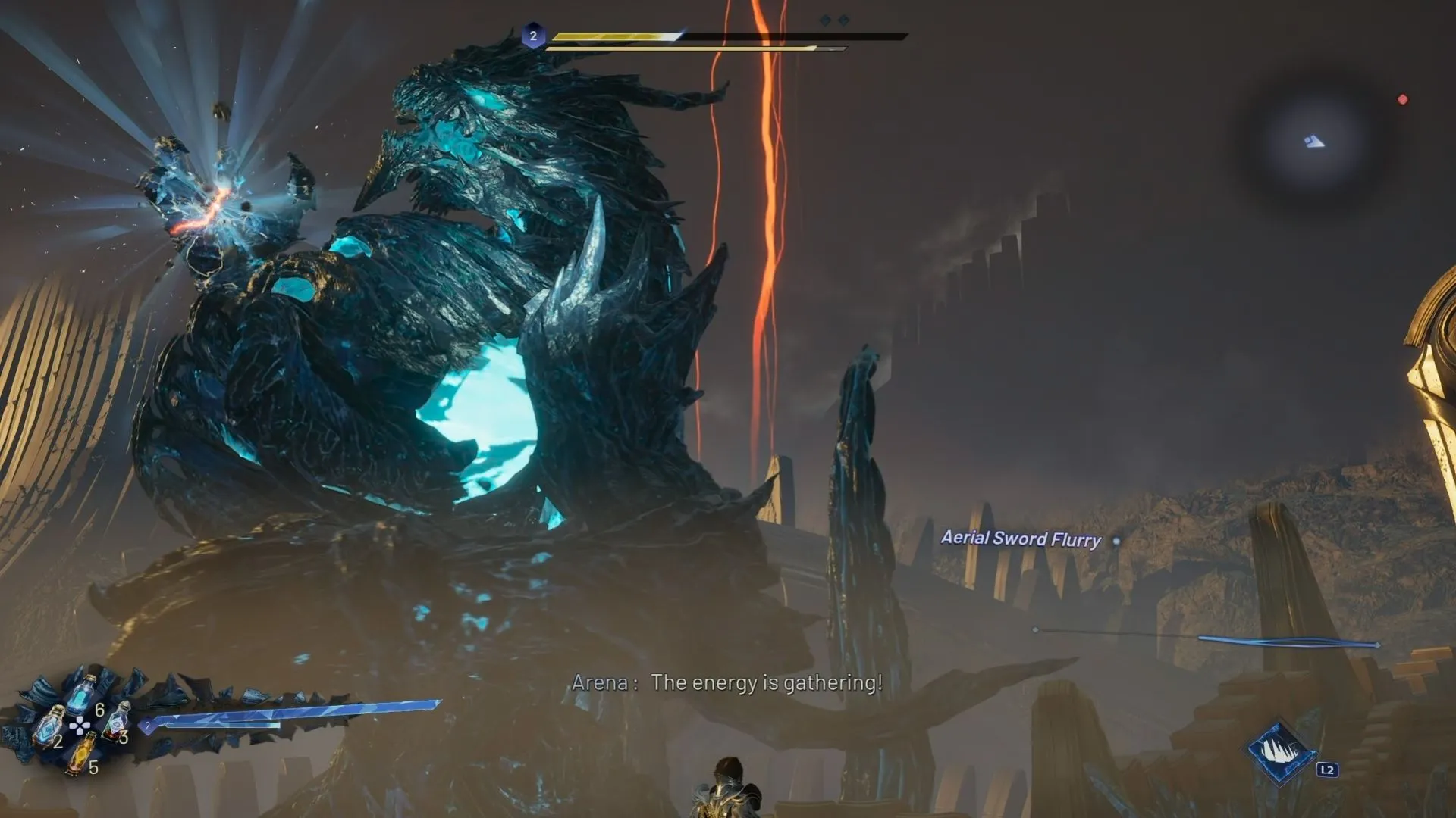 Kazer đối đầu với một con boss khổng lồ, hình dáng rồng trong Lost Soul Aside, nhấn mạnh sự hoành tráng và thử thách của các trận đấu trùm.