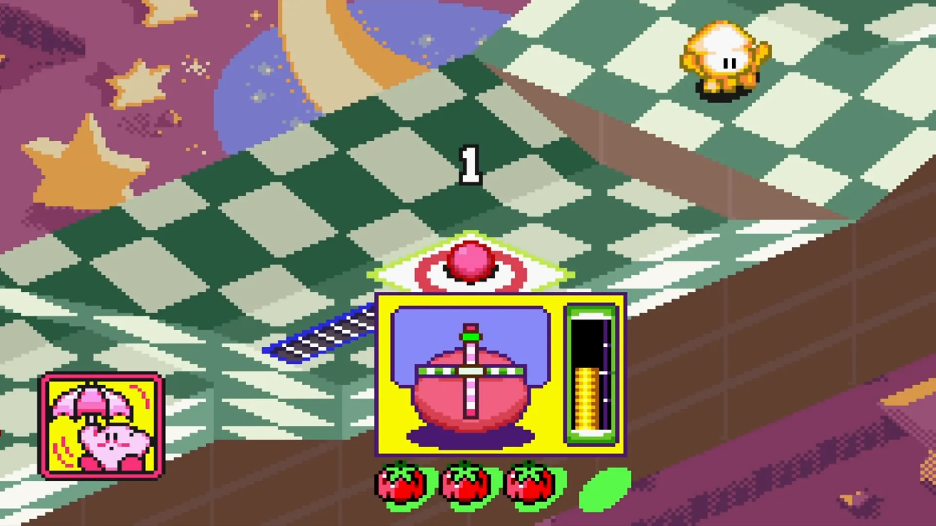 Kirby hóa thân thành quả bóng golf, chuẩn bị cú đánh trong Kirby’s Dream Course SNES, một tựa game golf đáng yêu