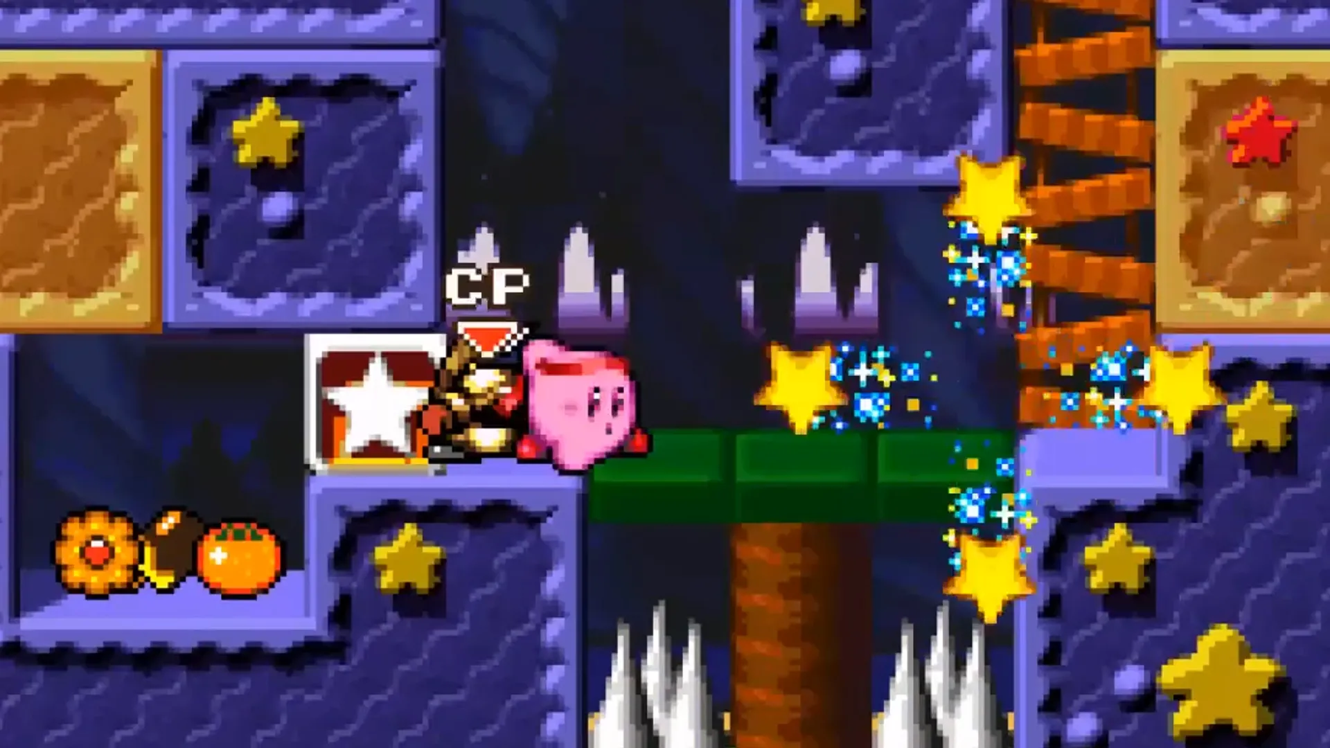 Kirby trong hình dạng Fighter đang tung cú đấm mạnh mẽ hạ gục kẻ thù trong Kirby Super Star SNES, một bộ sưu tập game mini